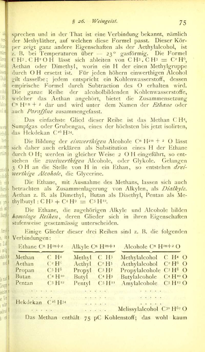 10 4vi § WeingeisL y ^ '^m sprechen und in der That ist eine Verbindung bekannt, nämlich der Methyläther, auf welchen diese Formel passt. Dieser Kör- per zeigt ganz andere Eigenschaften als der Aethylalcohol, ist z. B. bei Temperaturen über — 23° gasförmig. Die Formel C H3. C O H lässt sich ableiten von C Hs. C H3 =: H^, Aethan oder Dimethyl, worin ein H der einen Methylgruppe durch O H ersetzt ist. Für jeden höhern einwerthigen Alcohol gilt dasselbe; jedem entspricht ein Kohlenwasserstoff, dessen empirische Formel durch Subtraction des O erhalten wird. Die ganze Reihe der alcoholbildenden Kohlenwasserstoffe, welcher das Aethan angehört, bietet die Zusammensetzung Qn wm -\- 2 ^2i^ und wird unter dem Namen der Ethane oder auch Paraffine zusammengefasst. Das einfachste Glied dieser Reihe ist das Methan C H^, Sumpfgas oder Grubengas, eines der höchsten bis jetzt isolirten, das Hekdekan C^^H34. Die Bildung der eini^üerthigen Alcohole C H^ + 2 q lässt sich daher auch erklären als Substitution eines H der Ethane n!ar(| durch O H; werden in gleicher Weise 2 O H eingeführt, so ent- stehen die müetwerthige?i Alcohole, oder Glykole. Gelangen 'tisdl 3 ^ Stelle von H in ein Ethan, so entstehen drez- werthtge Alcohole^ die Glycerine. Die Ethane, mit Ausnahme des Methans, lassen sich auch But}l j betrachten als Zusammenlagerung von Alkylen, als Dialkyle. Aethan z. B. als Dimethyl, Butan als Diaethyl, Pentan als Me- thylbutyl : C H3 -f H9 = O H^^. Die Ethane, die zugehörigen Alkyle und Alcohole bilden homologe Reihen^ deren Glieder sich in ihren Eigenschaften stufenweise -esetzmässio unterscheiden. Einige Glieder dieser drei Reihen sind z. B. die folgenden Verbindungen: b:thane C H2+2 Alkyle C H^n+i Alcohole C H2+2 O Methan C H4 Methyl C: H3 Methylalcohol C H4 O Aethan C-H' Aethyl Hs Aethylalcohol C= O Propan C3 Propyl C3 Propylalcohole r.3 O Butan OH^ Butyl O H9 Butylalcohole C>H^°0 Pentan OH^^ Pentyl CsH Amylalcohole H^^ O Hekdekan C^^ H34 Melissylalcohol Cs« H^^ O
