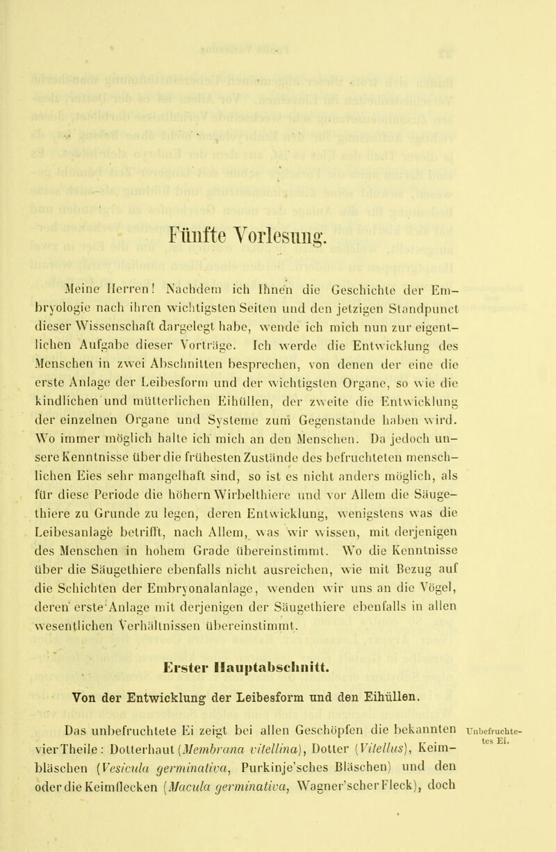 Meine Herren! Nachdem ich Ihnen die Geschichte der Em- bryologie nach ihren wichtigsten Seilen und den jetzigen Standpunct dieser Wissenschaft dargelegt habe, wende ich mich nun zur eigent- lichen Aufgabe dieser Vorträge. Ich werde die Entwicklung des Menschen in zwei Abschnitten besprechen, von denen der eine die erste Anlage der Leibesform und der wichtigsten Organe, so wie die kindlichen und mütterlichen Eihiillen, der zweite die Entwicklung der einzelnen Organe und Systeme zum Gegenstande haben wird. Wo immer möglich halte ich mich an den Menschen. Da jedoch un- sere Kenntnisse über die frühesten Zustände des befruchteten mensch- lichen Eies sehr mangelhaft sind, so ist es nicht anders möglich, als für diese Periode die höhern Wirbelthiere und vor Allem die Säuge- thiere zu Grunde zu legen, deren Entwicklung, wenigstens was die Leibesanlage betrifft, nach Allem, was wir wissen, mit derjenigen des Menschen in hohem Grade übereinstimmt. Wo die Kenntnisse über die Säugethiere ebenfalls nicht ausreichen, wie mit Bezug auf die Schichten der Embryonalanlage, wenden wir uns an die Vögel, deren erste'Anlage mit derjenigen der Säugethiere ebenfalls in allen wesentlichen Verhältnissen übereinstimmt. Erster Hauptabschnitt. Von der Entwicklung der Leibesform und den Eihiillen. Das unbefruchtete Ei zeig;t bei allen Geschöpfen die bekannten t'nbefruchte- vierTheile: BoUerhaut {3Iembrana ritellma), Dotter [Vifellus], Keim- bläschen [Vesicula germinativa, Purkinje'sches Bläschen) und den oder die Keimflecken [Macula germinativa, Wagner'scherFleck), doch