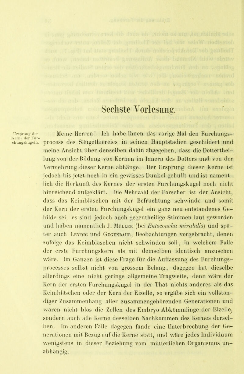 Sechste Yoiiesimg. Ursprang der Meiiie Hcrreii I Ich habe Ihnen das vorige Mal den Furchungs- Kerne der Für- chungskugein. process des Säugethiereies in seinen Hauplstadien geschildert und meine Ansicht über denselben dahin abgegeben, dass die Dotterthei- lung von der Bildung von Kernen im Innern des Dotters und von der Vermehrung dieser Kerne abhänge. Der Ursprung dieser Kerne ist jedoch bis jetzt noch in ein gewisses Dunkel gehüllt und ist nament- lich die Herkunft des Kernes der ersten Furchungskugel noch nicht hinreichend aufgeklärt. Die Mehrzahl der Forscher ist der Ansicht, dass das Keimbläschen mit der Befruchtung schwinde und somit der Kern der ersten Furchungskugel ein ganz neu entstandenes Ge- bilde sei. es sind jedoch auch gegentheilige Stimmen laut geworden und haben namentlich J. Müller (bei Entoconcha mirahilis) und spä- ter auch Leydig und Gegenbaur, Beobachtungen vorgebracht, denen zufolge das Keimbläschen nicht schwinden soll, in w^elchem Falle der erste Furchungskern als mit demselben identisch anzusehen wäre. Im Ganzen ist diese Frage für die Auffassung des Furchungs- processes selbst nicht von grossem Belang, dagegen hat dieselbe allerdings eine nicht geringe allgemeine Tragweite, denn wäre der Kern der ersten Furchun2;skuo;el in der That nichts anderes als das O TD Keimbläschen oder der Kern der Eizelle, so ergäbe sich ein vollstän- diger Zusammenhang aller zusammengehörenden Generationen und wären nicht blos die Zellen des Embryo Abkömmlinge der Eizelle, sondern auch alle Kerne desselben Nachkommen des Kernes dersel- ben. Im anderen Falle dagegen fände eine Unterbrechung der Ge- nerationen mit Bezug auf die Kerne statt, und wäre jedes Individuum wenigstens in dieser Beziehung vom mütterlichen Organismus un- abhängig.