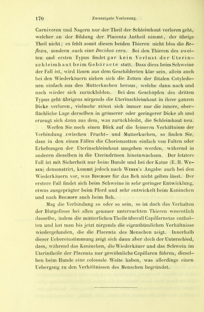 Carnivoren und Nagern nur der Theil der Schleimhaut verloren geht, welcher an der Bildung der Placenta Antheil nimmt, der übrige Theil nicht; es fehlt somit diesen beiden Thieren nicht blos die Re- flexa^ sondern auch eine Decidua vera. Bei den Thieren des zwei- ten und ersten Typus findet gar kein Verlust der U t e r i n- Schleimhaut beim Gebäracte statt. Dass diess beim Schweine der Fall ist, wird Ihnen aus dem Geschilderten klar sein, allein auch bei den Wiederkäuern ziehen sich die Zotten der fötalen Cotyledo- nen einfach aus den Mutterkuchen heraus, welche dann nach und nach wieder sich zurückbilden. Bei den Geschöpfen des dritten Typus geht übrigens nirgends die Uterinschleimhaut in ihrer ganzen Dicke verloren , vielmehr stösst sich immer nur die innere, ober- flächliche Lage derselben in grösserer oder geringerer Dicke ab und erzeugt sich dann aus dem, was zurückbleibt, die Schleimhaut neu. Werfen Sie noch einen Blick auf die feineren Verhältnisse der Verbindung zwischen Frucht- und Mutlerkuchen, so finden Sie, dass in den einen Fällen die Chorionzotten einfach von Falten oder Erhebungen der Uterinschleimhaut umgeben werden, während in anderen dieselben in die Uterindrlisen hineinwachsen. Der letztere Fall ist mit Sicherheit nur beim Hunde und bei der Katze (E.H. Wie- der) demonstrirt, kommt jedoch nach Weber's Angabe auch bei den Wiederkäuern vor, was Bischoff für das Reh nicht gelten lässt. Der erstere Fall findet sich beim Schweinein sehr geringer Entwicklung, etwas ausgeprägter beim Pferd und sehr entwickelt beim Kaninchen und nach Bischoff auch beim Reh. Mag die Verbindung so oder so sein, so ist doch das Verhalten der Blutgefässe bei allen genauer untersuchten Thieren wesentlich dasselbe, indem die mütterlichenTheileübei^all Capillarnetze enthal- ten und hat man bis jetzt nirgends die eigenthümlichen Verhältnisse wiedergefunden, die die Placenta des Menschen zeigt. Innei'halb dieser Uebereinstimmung zeigt sich dann aber doch der Unterschied, dass, während das Kaninchen, die Wiederkäuer und das Schwein im Uterintheile der Placenta nur gewöhnliche Capillaren führen, diesel- ben beim Hunde eine colossale ^yeite haben, was allerdings einen Uebergang zu den Verhältnissen des Menschen begründet.