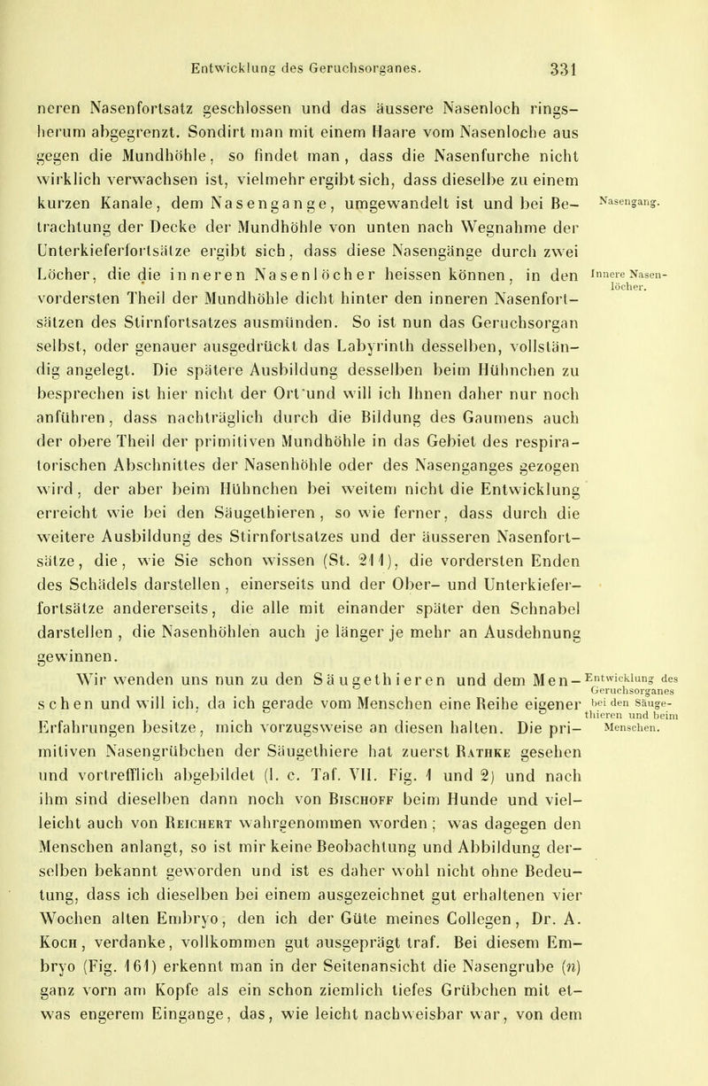 neren Nasenfortsatz geschlossen und das äussere Nasenloch rings- herum abgegrenzt. Sondirt man mit einem Haare vom Nasenloche aus gegen die Mundhöhle, so findet man , dass die Nasenfurche nicht wirklich verwachsen ist, vielmehr ergibt sich, dass dieselbe zu einem kurzen Kanäle, dem Nasengange, umgewandelt ist und bei Be- Nasengang, trachtung der Decke der Mundhöhle von unten nach Wegnahme der ünterkieferfortsätze ergibt sich, dass diese Nasengänge durch zwei Löcher, die die inneren Nasenlöcher heissen können, in den innereNasen- löcher, vordersten Theil der Mundhöhle dicht hinter den inneren Nasenfort- sätzen des Stirnfortsatzes ausmünden. So ist nun das Geruchsorgan selbst, oder genauer ausgedrückt das Labyrinth desselben, vollstän- dig angelegt. Die spätere Ausbildung desselben beim Hühnchen zu besprechen ist hier nicht der Ort und will ich Ihnen daher nur noch anführen, dass nachträglich durch die Bildung des Gaumens auch der obere Theil der primitiven Mundhöhle in das Gebiet des respira- torischen Abschnittes der Nasenhöhle oder des Nasenganges gezogen wird , der aber beim Hühnchen bei weitem nicht die Entwicklung erreicht wie bei den Säugethieren , so wie ferner, dass durch die weitere Ausbildung des Stirnfortsatzes und der äusseren Nasenfort- sätze, die, wie Sie schon wissen (St. Sil), die vordersten Enden des Schädels darstellen , einerseits und der Ober- und Unterkiefer- • fortsätze andererseits, die alle mit einander später den Schnabel darstellen , die Nasenhöhlen auch je länger je mehr an Ausdehnung gewinnen. Wir wenden uns nun zu den Säugethieren und dem Men-^*^^^^^^«? ^es Geruchsorg-anes sehen und will ich, da ich gerade vom Menschen eine Reihe eisener beiden säuge- '-^ thieren und beim Erfahrungen besitze , mich vorzugsweise an diesen halten. Die pri- Menschen, mitiven Nasengrübchen der Säugethiere hat zuerst Rathke gesehen und vortrefflich abgebildet (1. c. Taf. VIL Fig. 1 und 2) und nach ihm sind dieselben dann noch von Bischoff beim Hunde und viel- leicht auch von Reichert wahrgenommen W'Orden ; was dagegen den Menschen anlangt, so ist mir keine Beobachtung und Abbildung der- selben bekannt geworden und ist es daher wohl nicht ohne Redeu- tung, dass ich dieselben bei einem ausgezeichnet gut erhaltenen vier Wochen alten Embryo, den ich der Güte meines Collegen, Dr. A. Koch, verdanke, vollkommen gut ausgeprägt traf. Rei diesem Em- bryo (Fig. 161) erkennt man in der Seitenansicht die Nasengrube (w) ganz vorn am Kopfe als ein schon ziemlich tiefes Grübchen mit et- was engerem Eingange, das, wie leicht nachweisbar war, von dem
