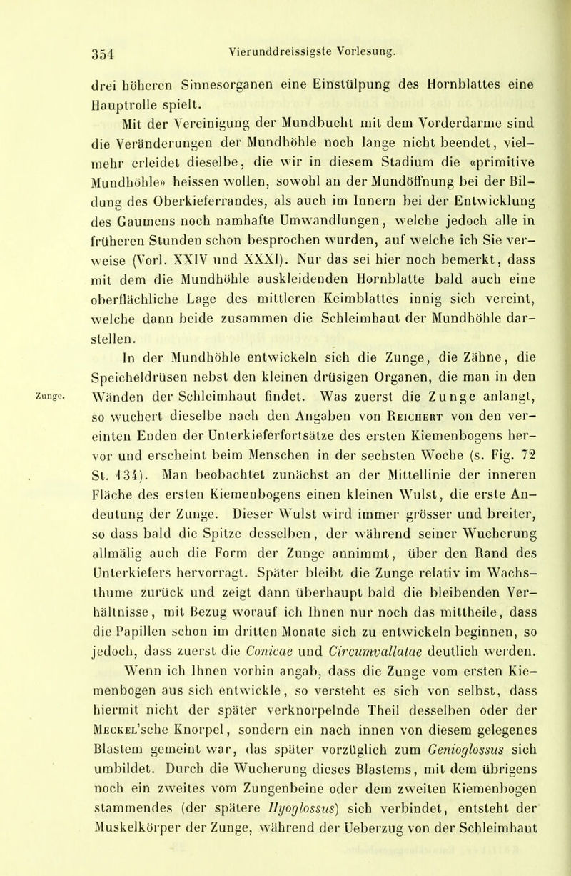 drei höheren Sinnesorganen eine Einstülpung des Hornblattes eine Hauptrolle spielt. Mit der Vereinigung der Mundbucht mit dem Vorderdarme sind die Veränderungen der Mundhöhle noch lange nichtbeendet, viel- mehr erleidet dieselbe, die wir in diesem Stadium die «primitive Mundhöhle» heissen wollen, sowohl an der Mundöffnung bei der Bil- dung des Oberkieferrandes, als auch im Innern bei der Entwicklung des Gaumens noch namhafte Umwandlungen, welche jedoch alle in früheren Stunden schon besprochen wurden, auf welche ich Sie ver- weise (Vorl. XXIV und XXXI). Nur das sei hier noch bemerkt, dass mit dem die Mundhöhle auskleidenden Hornblatte bald auch eine oberflächliche Lage des mittleren Keimblattes innig sich vereint, welche dann beide zusammen die Schleimhaut der Mundhöhle dar- stellen. In der Mundhöhle entwickeln sich die Zunge, die Zähne, die Speicheldrüsen nebst den kleinen drüsigen Organen, die man in den Zunge. Wänden der Schleimhaut findet. Was zuerst die Zunge anlangt, so wuchert dieselbe nach den Angaben von Reichert von den ver- einten Enden der Unlerkieferfortsätze des ersten Kiemenbogens her- vor und erscheint beim Menschen in der sechsten Woche (s. Fig. 72 St. 134). Man beobachtet zunächst an der Mittellinie der inneren Fläche des ersten Kiemenbogens einen kleinen Wulst, die erste An- deutung der Zunge. Dieser Wulst wird immer grösser und breiter, so dass bald die Spitze desselben, der während seiner Wucherung allmälig auch die Form der Zunge annimmt, über den Rand des Unterkiefers hervorragt. Später bleibt die Zunge relativ im Wachs- thume zurück und zeigt dann überhaupt bald die bleibenden Ver- hältnisse, mit Bezug worauf ich Ihnen nur noch das mittheile, dass die Papillen schon im dritten Monate sich zu entwickeln beginnen, so jedoch, dass zuerst die Conicae und Circumvallatae deutlich werden. Wenn ich Ihnen vorhin angab, dass die Zunge vom ersten Kie- menbogen aus sich entwickle, so versteht es sich von selbst, dass hiermit nicht der später verknorpelnde Theil desselben oder der MECKEL^sche Knorpel, sondern ein nach innen von diesem gelegenes Blastem gemeint war, das später vorzüglich zum Genioglossus sich umbildet. Durch die Wucherung dieses Blastems, mit dem übrigens noch ein zweites vom Zungenbeine oder dem zweiten Kiemenbogen stammendes (der spätere Hyoglossus) sich verbindet, entsteht der Muskelkörper der Zunge, während der Ueberzug von der Schleimhaut