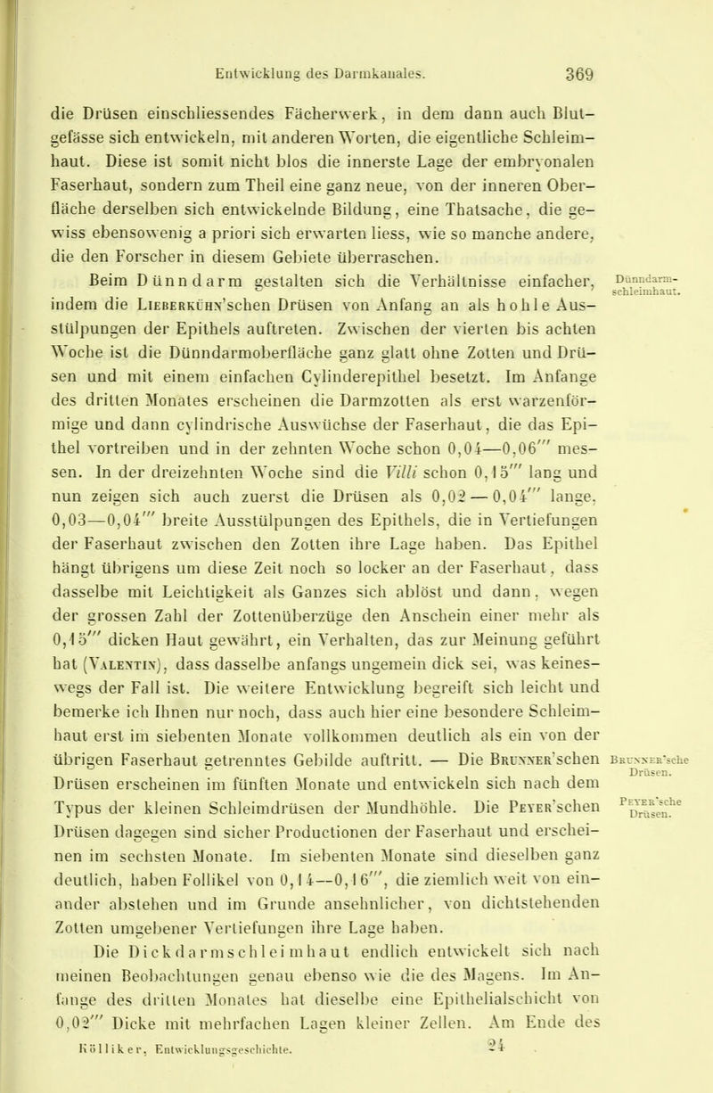 die Drüsen einschliessendes Fächerwerk, in dem dann auch Blut- gefässe sich entwickeln, mit anderen Worten, die eigentliche Schleim- haut. Diese ist somit nicht blos die innerste Lage der embryonalen Faserhaut, sondern zum Theil eine ganz neue, von der inneren Ober- fläche derselben sich entwickelnde Bildung, eine Thatsache, die ge- wiss ebensowenig a priori sich erwarten Hess, wie so manche andere, die den Forscher in diesem Gebiete überraschen. Beim Dünndarm e;estalten sich die Verhältnisse einfacher, Dünndarm- Schleimhaut. indem die LiEBERKüHN'schen Drüsen von Anfang an als hohle Aus- stülpungen der Epithels auftreten. Zwischen der vierten bis achten Woche ist die Dünndarmoberfläche ganz glatt ohne Zotten und Drü- sen und mit einem einfachen Cylinderepithel besetzt. Im Anfange des dritten Monates erscheinen die Darmzotten als erst warzenför- mige und dann cylindrische Auswüchse der Faserhaut, die das Epi- thel vortreiben und in der zehnten Woche schon 0,04—0,06' mes- sen. In der dreizehnten Woche sind die Villi schon 0,15' lang und nun zeigen sich auch zuerst die Drüsen als 0,02 — 0,04' lange, 0,03—0,04' breite Ausstülpungen des Epithels, die in Vertiefungen der Faserhaut zwischen den Zotten ihre Lage haben. Das Epithel hängt übrigens um diese Zeit noch so locker an der Faserhaut, dass dasselbe mit Leichtigkeit als Ganzes sich ablöst und dann, wegen der grossen Zahl der Zottenüberzüge den Anschein einer mehr als 0,15' dicken Haut gewährt, ein Verhalten, das zur Meinung geführt hat (Valextix), dass dasselbe anfangs ungemein dick sei, was keines- wegs der Fall ist. Die weitere Entwicklung begreift sich leicht und bemerke ich Ihnen nur noch, dass auch hier eine besondere Schleim- haut erst im siebenten Monate vollkommen deutlich als ein von der übrigen Faserhaut getrenntes Gebilde auftritt. — Die BRUxxERSchen iBKr»-ER'sche Drüsen erscheinen im fünften Monate und entwickeln sich nach dem Typus der kleinen Schleimdrüsen der Mundhöhle. Die PEVERSchen Drüsen dagegen sind sicher Productionen der Faserhaut und erschei- nen im sechsten Monate. Im siebenten Monate sind dieselben ganz deutlich, haben Follikel von 0,1 4—0,1 6', die ziemlich weit von ein- ander abstehen und im Grunde ansehnlicher, von dichtstehenden Zotten umgebener Vertiefungen ihre Lage ha])en. Die Dick dar ms ch lei m haut endlich entwickelt sich nach meinen Beoljachtungen genau ebenso wie die des Bingens. Im An- fange des dritten Monates hat dieselbe eine Epithelialschicht von 0,02' Dicke mit mehrfachen Lagen kleiner Zellen. Am Ende des Kölliker. Eulwicklunj^ssescliichle. 24 Drüsen. PEYER'sche Drüsen.