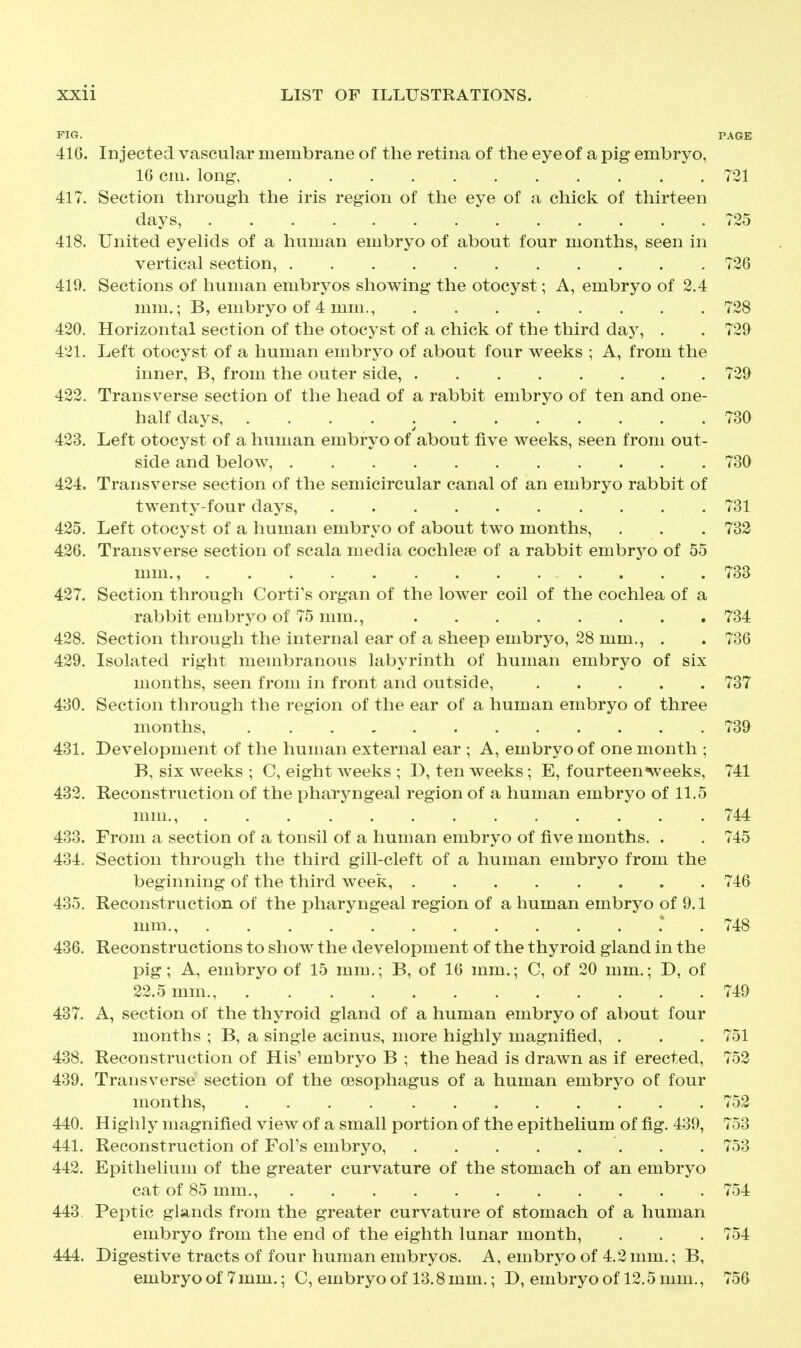 FIG. PAGE 416. Injected vascular membrane of the retina of the eye of a pig embryo, 16 cm. long, 721 417. Section through the iris region of the eye of a chick of thirteen days, 725 418. United eyelids of a human embryo of about four months, seen in vertical section, 726 410. Sections of human embryos showing the otocyst; A, embryo of 2.4 nmi.; B, embryo of 4 mm., 728 420. Horizontal section of the otocyst of a chick of the third day, . . 729 421. Left otocyst of a human embryo of about four weeks ; A, from the inner, B, from the outer side, 729 422. Transverse section of the head of a rabbit embryo of ten and one- half days 730 423. Left otocyst of a human embryo of about five weeks, seen from out- side and below, 730 424. Transverse section of the semicircular canal of an embryo rabbit of twenty-four days, 731 425. Left otocyst of a human embryo of about two months, . . . 732 426. Transverse section of scala media cochleae of a rabbit embryo of 55 mm., 733 427. Section through Corti's organ of the low^er coil of the cochlea of a rabbit embryo of 75 mm., 734 428. Section through the internal ear of a sheep embryo, 28 mm., . . 736 429. Isolated right membranous labyrinth of human embryo of six months, seen from in front and outside, 737 430. Section through the region of the ear of a human embryo of three months 739 431. Development of the human external ear ; A, embryo of one month ; B, six weeks ; C, eight weeks ; D, ten weeks; E, fourteen*weeks, 741 432. Reconstruction of the pharyngeal region of a human embryo of 11.5 mm., 744 433. From a section of a tonsil of a human embryo of five months. . . 745 434. Section through the third gill-cleft of a human embryo from the beginning of the third week, 746 435. Reconstruction of the pharyngeal region of a human embryo of 9.1 mm., ; . 748 436. Reconstructions to show the development of the thyroid gland in the pig; A, embryo of 15 mm.; B, of 16 mm.; C, of 20 mm.; D, of 22.5 mm., 749 437. A, section of the thyroid gland of a human embryo of about four months ; B, a single acinus, more highly magnified, . . . 751 438. Reconstruction of His^ embryo B ; the head is drawn as if erected, 752 439. Transverse section of the oesophagus of a human embryo of four months, 752 440. Highly magnified view of a small portion of the epithelium of fig. 439, 753 441. Reconstruction of Fol's embryo, 753 442. Epithelium of the greater curvature of the stomach of an embryo cat of 85 mm., 754 443. Peptic glands from the greater curvature of stomach of a human embryo from the end of the eighth lunar month, . . . 754 444. Digestive tracts of four human embryos. A, embryo of 4.2 mm.; B, embryo of 7mm.; C, embryo of 13.8 mm.; D, embryo of 12.5 mm., 756