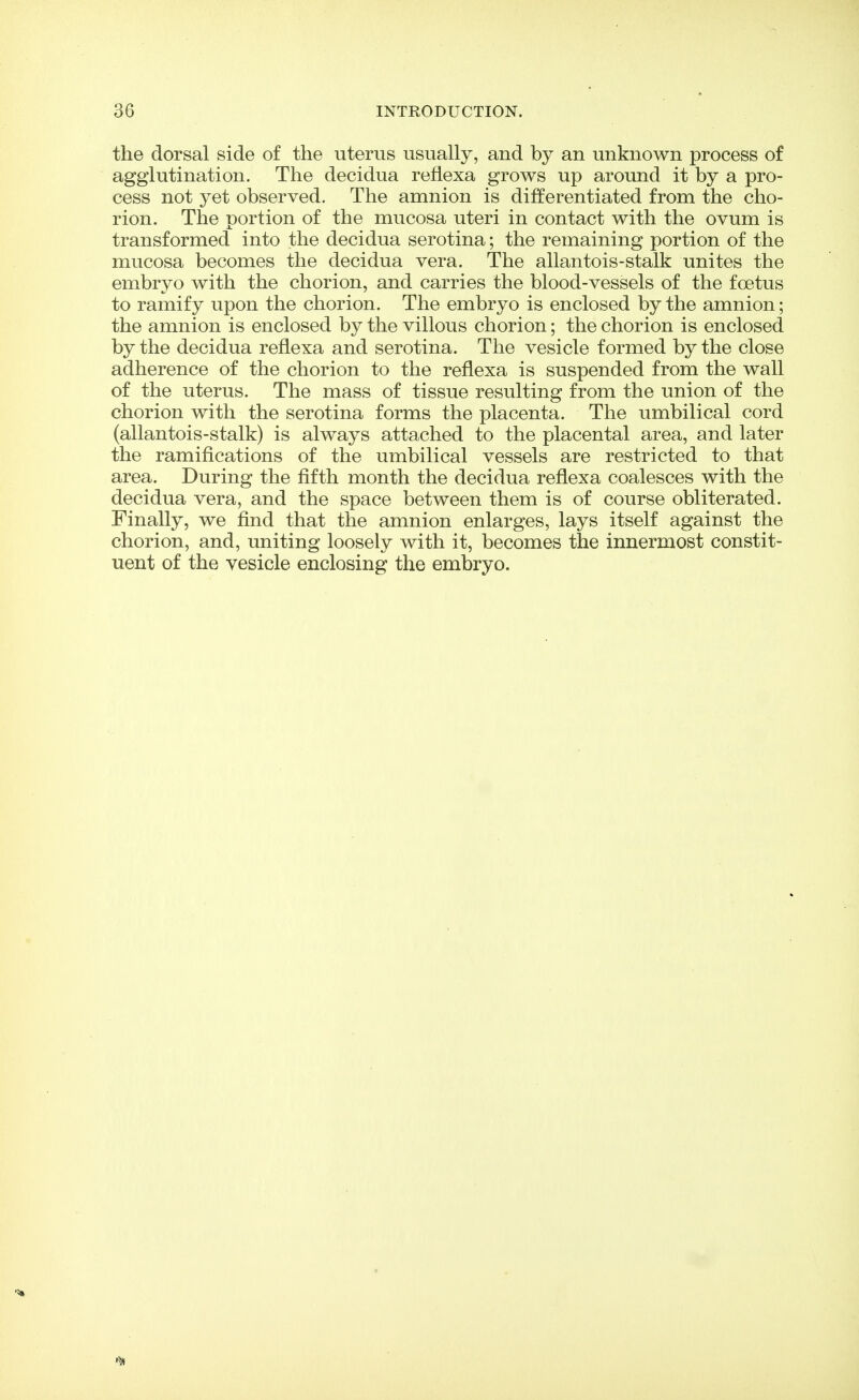 the dorsal side of the uterus usually, and by an unknown process of agglutination. The decidua refiexa grows up around it by a pro- cess not yet observed. The amnion is differentiated from the cho- rion. The portion of the mucosa uteri in contact with the ovum is transformed into the decidua serotina; the remaining portion of the mucosa becomes the decidua vera. The allantois-stalk unites the embryo with the chorion, and carries the blood-vessels of the foetus to ramify upon the chorion. The embryo is enclosed by the amnion; the amnion is enclosed by the villous chorion; the chorion is enclosed by the decidua refiexa and serotina. The vesicle formed by the close adherence of the chorion to the reflexa is suspended from the wall of the uterus. The mass of tissue resulting from the union of the chorion with the serotina forms the placenta. The umbilical cord (allantois-stalk) is always attached to the placental area, and later the ramifications of the umbilical vessels are restricted to that area. During the fifth month the decidua reflexa coalesces with the decidua vera, and the space between them is of course obliterated. Finally, we find that the amnion enlarges, lays itself against the chorion, and, uniting loosely with it, becomes the innermost constit- uent of the vesicle enclosing the embryo.