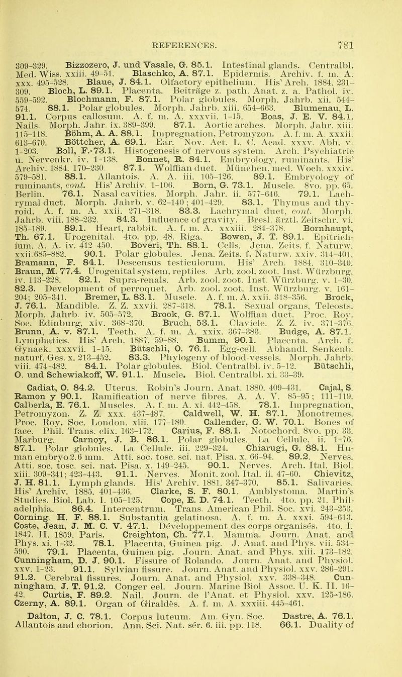 309-329. Bizzozero, J. und Vasale, G. 85.1. Intestinal glands. Centralbl. Med. Wiss. xxiii. 49-51. Blaschko, A. 87.1. Epidermis. Archiv. 1. m. A. XXX. 495-528. Blaue, J. 84.1. Olfactory epithelium. His'Aroli. 1884. 231- 309. Bloch, L. 89.1. Placenta. Beitrage z. path. Anat. z. a. Pathol, iv. 559-592. Blochmann, F. 87.1. Polar globules. Morph. Jahrb. xii. 544- 574. 88.1. Polar globules. Morph. Jahrb. xiii. 654-603. Blumenau, L.. 91.1. Corpus callosum. A. f. m. A. xxxvii. 1-15. Boas, J. E. V. 84.1. Nails. Morph. Jahr. ix. 389-399. 87.1. Aortic arches. Morph. Jahr. xiii. 115-118. Bohm, A. A. 88.1. Impregnation, Petromvzon. A. f. m. A. xxxii. 613-670. Bottcher, A. 69.1. Ear. Nov. Act. L. C. Acad. xxxv. Abh. v. 1-203. Boll, F.<73.1. Histogenesis of nervous system. Arch. Psychiatrie u. Nervenkr. iv. 1-138. Bonnet, R. 84.1. Embryology, ruminants. His' Archiv. 1884. 170-230, 87.1. Wolffian duct. Miinchen. med. Woch. xxxiv. 579-581. 88.1. Allantois. A. A. iii. 105-126. 89.1. Embryology of ruminants, coiU. His' Archiv. 1-106. Born, G. 73.1. Muscle. 8vo. pp. 65. Berlin. 76.1. Nasal cavities. Morph. Jahr. ii. 577-646. 79.1. Lach- rymal duct. Morph. Jahrb. V. 62-140 ; 401-429. 83.1. Thymus and thy- roid. A. f. m. A. xxii. 271-318. 83.3. Lachrymal duct, cont Morph. Jahrb. viii. 188-232. 84.3. Influence of gravity. Bresl. arztl. Zeitschr. vi. 185-189. 89.1. Heart, rabbit. A. f. m. A. xxxiii. 284-378. Bornhaupt, Th. 67.1. Urogenital. 4to. pp. 48. Riga. Bowen, J. T. 89.1. Epitrich- ium. A. A. iv. 412-450. Boveri, Th. 88.1. Cells. Jena. Zeits. f. Naturw. xxii. 685-882. 90.1. Polar globules. Jena. Zeits. f. Naturw. xxiv. 314-401. Bramann, F. 84.1. Descensus testiculorum. His' Arch. 1884. 310-340. Braun, M. 77.4. Urogenital system, reptiles. Arb. zool. zoot. Inst. Wiirzburg. iv. 113-228. 82.1. Supra-renals. Arb. zool. zoot. Inst. Wiirzburg. v. 1-30. 82.3. Development of perroquet. Arb. zool. zoot. Inst. Wiirzburg. v. 161- 204; 205-341. Bremer, L. 83.1. Muscle. A. f. m. A. xxii. 318-356. Brock, J. 76.1. Mandible. Z. Z. xxvii. 287-318. 78.1. Sexual organs, Teleosts. Morph. Jahrb. iv. 505-572. Brook, G. 87.1. Wolffian duct. Proc. Rov. Soc. Edinburg, xiv. 368-370. Bruch, 53.1. Clavicle. Z. Z. iv. 371-376. Brunn, A. v. 87.1. Teeth. A. f. m. A. xxix. 367-383. Budge, A. 87.1. Lymphatics. His' Arch. 1887. 59-88. Bumm, 90.1. Placenta. Arch. f. Gynaek. xxxvii. 1-15. Biitschli, O. 76.1. Egg-cell. Abhandl. Senkenb. naturf. Ges. x. 213-452. 83.3. Phylogeny of blood-vessels. Morph. Jahrb. viii. 474-482. 84.1. Polar globules. Biol. Centralbl. iv. 5-12. Biitschli, O. und Schewiakoif, W. 91.1. Muscle. Biol. Centralbl. xi. 33-39. Cadiat, O. 84.2. Uterus. Robin's Journ. Anat. 1880. 409-431. Cajal, S. Ramon y 90.1. Ramification of nerve fibres. A. A. V. 85-95; 111-119. Calberla, E, 76.1. Muscles. A. f. m. A. xi. 442-458. 78.1. Impregnation, Petromyzon. Z. Z. xxx. 437-487. Caldwell, W. H. 87.1. Monotremes. Proc. Roy. Soc. London, xiii. 177-180. Callender, G. W. 70.1. Bones of face. Phil. Trans, clix. 163-172. Carius, F. 88.1. Notochord. 8vo. pp. 33. Marburg. Carnoy, J. B. 86.1, Polar globules. La Cellule, ii. 1-76. 87.1. Polar globules. La Cellule, iii. 229-324. Chiarugi, G. 88.1. Hu- man embryo 2.6 mm. Atti. soc. tosc. sci. nat. Pisa. x. 66-94. 89.2. Nerves. Atti. soc. tosc. sci. nat. Pisa. x. 149-245. 90.1. Nerves. Arch. Ital. Biol, xiii. 309-341; 423-443. 91.1. Nerves. Monit. zool. Ital. ii. 47-60. Chievitz, J. H. 81.1. Lymph glands. His'Archiv. 1881. 347-370. 85.1. Salivaries. His' Archiv. 1885. 401-436. Clarke, S. F. 80.1. Amblystoma. Martin's Studies. Biol. Lab. I. 105-125. Cope, E. D. 74.1. Teeth. 4to. pp. 21. Phil- adelphia. 86.4. Intercentrum. Trans. American Phil. Soc. xvi. 243-253. Corning. H. F. 88.1. Substantia gelatinosa. A. f. m. A. xxxi. 594-613. Coste, Jean, J. M. C. V. 47.1. Developpement des corps organises. 4to. I. 1847. II. 1859. Paris. Creighton, Ch. 77.1. Mamma. Journ. Anat. and Phys. xi. 1-32. 78.1. Placenta, Guinea pig. J. Anat. and Phys. vii. 534- 590. 79.1. Placenta, Guinea pig. Journ. Anat. and Phys. xiii. 173-182. Cunningham, D. J. 90.1. Fissure'of Rolando. Journ. Anat. and Physiol. XXV. 1-23. 91.1. Sylvian fissure. Journ. Anat. and Physiol, xxv. 286-291. 91.2. Cerebral fissures. Journ. Anat. and Physiol, xxv. 338-348. Cun- ningham, J. T. 91.2. Conger eel. Journ. Marine Biol Assoc. U. K. II. 16- 42. Curtis, F. 89.2. Nail. Journ. de I'Anat. et Physiol, xxv. 125-186. Czerny, A. 89.1. Organ of Giraldes. A. f. m. A. xxxiii. 445-461. Dalton, J. C. 78.1. Corpus luteum. Am. Gyn. Soc. Dastre, A. 76.1. Allantois and chorion. Ann. Sci. Nat. ser. 6. iii. pp. 118. 66.1. Duality of