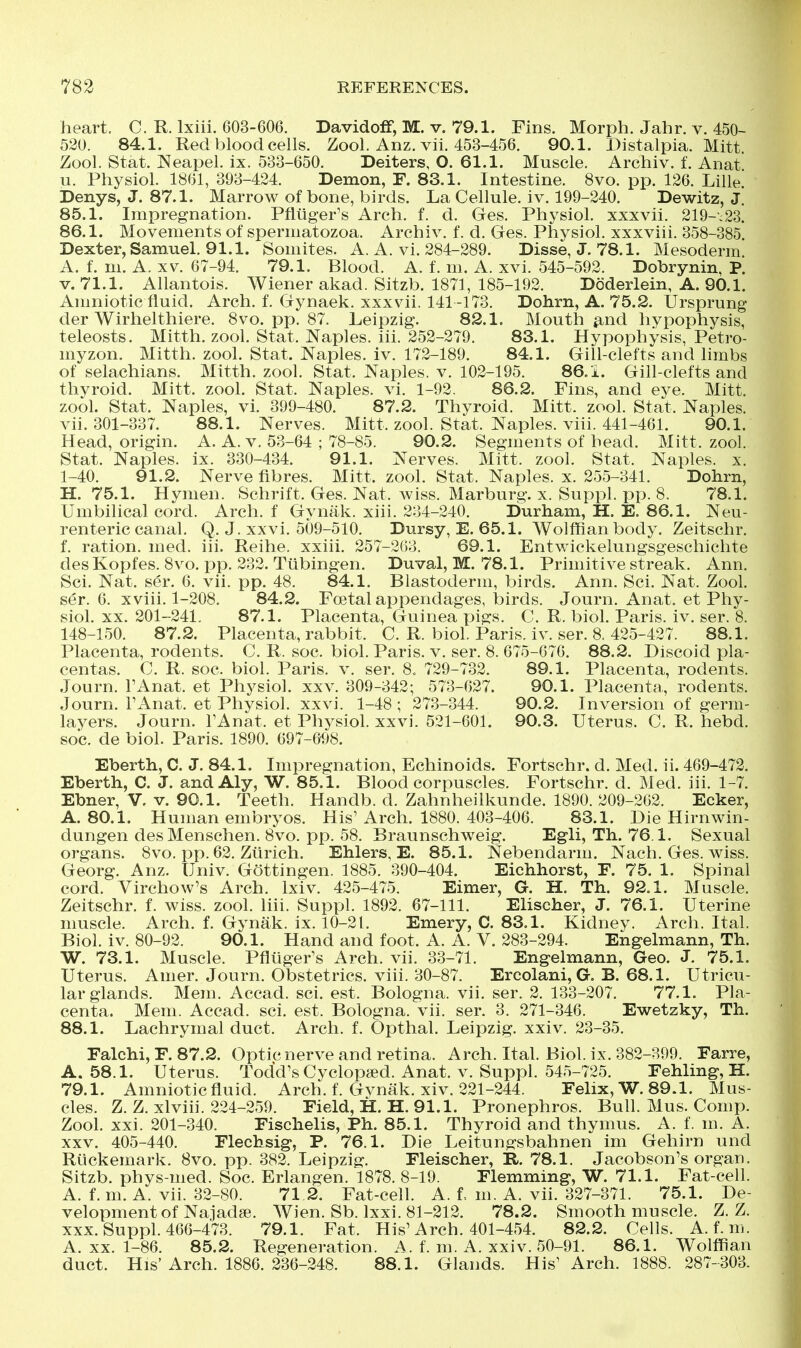 heart. C. K. Ixiii. 603-606. Davidoff, M. v. 79.1. Fins. Morph. Jahr. v. 450- 520. 84.1. Red blood cells. Zool. Anz. vii. 453-456. 90.1. Distalpia. Mitt Zool. Stat. Neapel. ix. 533-650. Deiters, O. 61.1. Muscle. Archiv. f. Anat u. Physiol. 1861, 393-424. Demon, F. 83.1. Intestine. 8vo. pp. 126. Lille. Denys, J. 87.1. Marrow of bone, birds. La Cellule, iv. 199-240. Dewitz, J. 85.1. Impregnation. Pfliiger's Arch. f. d. Ges. Physiol, xxxvii. 219-;23. 86.1. Movements of spermatozoa. Archiv. f. d. Ges. Physiol, xxxviii. 358-385. Dexter, Samuel. 91.1. Somites. A. A. vi. 284-289. Disse, J. 78.1. Mesoderm A. f. m. A. XV. 67-94. 79.1. Blood. A. f. m. A. xvi. 545-592. Dobrynin, P. V. 71.1. Allantoic. Wiener akad. Sitzb. 1871, 185-192. Doderlein, A. 90.1. Amniotic fluid. Arch. f. Gynaek. xxxvii. 141-173. Dohrn, A. 75.2. IJrsprung der Wirhelthiere. 8vo. pp. 87. Leipzig. 82.1. Mouth ^nd hypophysis, teleosts. Mitth. zool. Stat. Naples, in. 252-279. 83.1. Hypophysis, Petro- myzon. Mitth. zool. Stat. Naples, iv. 172-189. 84.1. Gill-clefts and limbs of selachians. Mitth. zool. Stat. Naples, v. 102-195. 86. i. Gill-clefts and thyroid. Mitt. zool. Stat. Naples, vi. 1-92. 86.2. Fins, and eye. Mitt, zool. Stat. Naples, vi. 399-480. 87.2. Thyroid. Mitt. zool. Stat. Naples, vii. 301-337. 88.1. Nerves. Mitt. zool. Stat. Naples, vhi. 441-461. 90.1. Head, origin. A. A. v. 53-64 ; 78-85. 90.2. Segments of head. Mitt. zool. Stat. Naples, ix. 330-434. 91.1. Nerves. Mitt. zool. Stat. Naples, x. 1-40. 91.2. Nerve fibres. Mitt. zool. Stat. Naples, x. 255-341. Dohrn, H. 75.1. Hymen. Schrift. Ges. Nat. wiss. Marburg, x. Suppl. pp. 8, 78.1. Umbilical cord. Arch, f Gynak. xiii. 234-240. Durham, H. E. 86.1. Neu- renteric canal. Q. J. xxvi. 509-510. Dursy, E. 65.1. Wolffian body. Zeitschr. f. ration, med. iii. Reihe. xxiii. 257-263. 69.1. Entwickelungsgeschichte desKopfes. 8vo. pp. 232. Tiibingen. Duval, M. 78.1. Primitive streak. Ann. Sci. Nat. ser. 6. vii. pp. 48. 84.1. Blastoderm, birds. Ann. Sci. Nat. Zool. ser. 6. xviii. 1-208. 84.2. Foetal appendages, iDirds. Journ. Anat. et Phy- siol. XX. 201-241. 87.1. Placenta, Guinea pigs. C. R. biol. Paris, iv. ser. 8. 148-150. 87.2. Placenta, rabbit. C. R. biol. Paris, iv. ser. 8, 425-427. 88.1. Placenta, rodents. C. R. soc. biol. Paris, v. ser. 8. 675-676. 88.2. Discoid pla- centas. C. R. soc. biol. Paris, v. ser. 8. 729-732. 89.1. Placenta, rodents. Journ. FAnat. et Physiol, xxv. 309-342; 573-627. 90.1. Placenta, rodents. Journ. TAnat. et Physiol, xxvi. 1-48 ; 273-344. 90.2. Inversion of germ- layers. Journ. TAnat. et Physiol, xxvi. 521-601. 90.3. Uterus. C. R. hebd. soc. de biol. Paris. 1890. 697-698. Eberth, C. J. 84.1. Impregnation, Echinoids. Fortschr. d. Med. ii. 469-472. Eberth, C. J. and Aly, W. 85.1. Blood corpuscles. Fortschr. d. Med. iii. 1-7. Ebner, V. v. 90.1. Teeth. Handb. d. Zahnheilkunde. 1890. 209-262. Ecker, A. 80.1. Human embryos. His'Arch. 1880. 403-406. 83.1. Die Hirnwin- dungen desMenschen. 8vo. pp. 58. Braunschweig. Egli, Th. 76.1. Sexual organs. 8vo. pp. 62. Zurich. Ehlers, E. 85.1. Nebendarm, Nach. Ges. wiss. Georg. Anz. Univ. Gottingen. 1885. 390-404. Eichhorst, F. 75. 1. Spinal cord. Virchow's Arch. Ixiv. 425-475. Eimer, G. H. Th. 92.1. Muscle. Zeitschr. f. wiss. zool. liii. Suppl. 1892. 67-111. Elischer, J. 76.1. Uterine muscle. Arch. f. Gynak. ix. 10-21. Emery, C. 83.1. Kidney. Arch. Ital. Biol. iv. 80-92. 90.1. Hand and foot. A. A. V. 283-294. Engelmann, Th. W. 73.1. Muscle. Pfliiger's Arch. vii. 33-71. Engelmann, Geo. J. 75.1. Uterus. Amer. Journ. Obstetrics, viii. 30-87. Ercolani, G. B. 68.1. Utricu- lar glands. Mem. Accad. sci. est. Bologna, vii. ser. 2. 133-207. 77.1. Pla- centa. Mem. Accad. sci. est. Bologna, vii. ser. 3. 271-346. Ewetzky, Th. 88.1. Lachrymal duct. Arch. f. Opthal. Leipzig, xxiv. 23-35. Falchi, F. 87.2. Optic nerve and retina. Arch. Ital. Biol. ix. 382-399. Farre, A. 58.1. Uterus. Todd's Cyclopaed. Anat. v. Suppl. 545-725. Fehling, H. 79.1. Amniotic fluid. Arch. f. Gynak. xiv. 221-244. Felix, W. 89.1. Mus- cles. Z. Z. xlviii. 224-259. Field, H. H. 91.1. Pronephros. BuU. Mus. Comp. Zool. xxi. 201-340. Fischelis, Ph. 85.1. Thyroid and thymus. A. f. m. A. xxv. 405-440. Flechsig, P. 76.1. Die Leitungsbahnen im Gehirn und Rtickemark. 8vo. pp. 382. Leipzig. Fleischer, R. 78.1. Jacobson's organ. Sitzb. phys-med. Soc. Erlangen. 1878. 8-19. Flemming, W. 71.1. Fat-cell. A. f. m. A. vii. 32-80. 71 2. Fat-cell. A. I m. A. vii. 327-371. 75.1. De- velopment of Najadse. Wien. Sb. Ixxi. 81-212. 78.2. Smooth muscle. Z. Z. XXX. Suppl. 466-473. 79.1. Fat. His'Arch. 401-454. 82.2. Cells. A.f.m. A. XX. 1-86. 85.2. Regeneration. A. f. m. A. xxiv. 50-91. 86.1. Wolffian duct. His'Arch. 1886. 236-248. 88.1. Glands. His' Arch. 1888. 287-303.