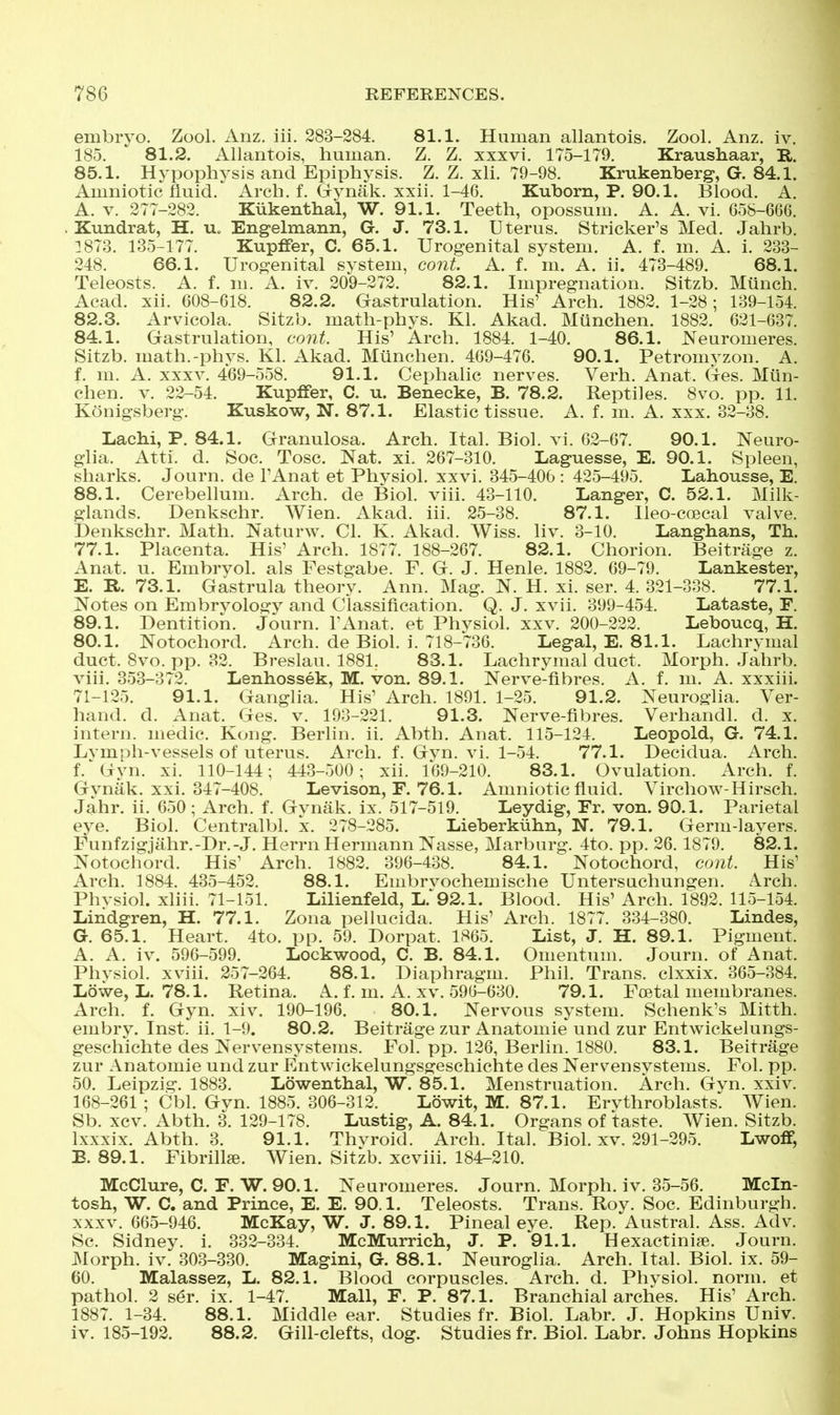 embryo. Zool. Anz. iii. 383-284. 81.1. Human allantois. Zool. Anz. iv. 185. 81.2. x\llantois, human. Z. Z. xxxvi. 175-179. Kraushaar, R. 85.1. Hypophysis and Epiphysis. Z. Z. xH. 79-98. Krukenberg-, G. 84.1. Amniotic fluid.Arch. f. Grymik. xxii. 1-46. Kuborn, P. 90.1. Blood. A. A. V. 277-282. Kiikenthal, W. 91.1. Teeth, opossum. A. A. vi. 058-666. Kundrat, H. u. Eng-elmann, G. J. 73.1. Uterus. Strieker's Med. Jahrb. 1873. 135-177. Kupfier, C. 65.1. Urogenital system. A. f. m. A. i. 233- 248. 66.1. Urogenital system, co7it. A. f. ni. A. ii. 473-489. 68.1. Teleosts. A. f. m. A. iv. 209-272. 82.1. Impregnation. Sitzb. Miinch. Acad. xii. 608-618. 82.2. Gastrulation. His' Arch. 1882. 1-28; 139-154. 82.3. Arvicola. Sitzb. math-phys. Kl. Akad. Munchen. 1882. 621-637. 84.1. Gastrulation, cont. His' Arch. 1884. 1-40. 86.1. Neuromeres. Sitzb. math.-phys. Kl. Akad. Miinchen. 469-476. 90.1. Petromyzon. A. f. m. A. XXXV. 469-558. 91.1. Cephalic nerves. Verh. Anat. Ges. Miin- chen. V. 22-54. Kupifer, C. u. Benecke, B. 78.2. Reptiles. 8vo. pp. 11. Konigsberg. Kuskow, N. 87.1. Elastic tissue. A. f. m. A. xxx. 32-38. Lachi, P. 84.1. Granulosa. Arch. Ital. Biol. vi. 62-67. 90.1. Neuro- glia. Atti. d. Soc. Tosc. Nat. xL 267-310. Laguesse, E. 90.1. Spleen, sharks. Journ. de I'Anat et Physiol, xxvi. 345-406 : 425-495, Lahousse, E. 88.1. Cerebellum. Arch, de Biol. viii. 43-110. Langer, C. 52.1. Milk- glands. Denkschr. Wien. Akad. iii. 25-38. 87.1. Ileo-coecal valve. Denkschr. Math. Naturw. CI. K. Akad. Wiss. liv. 3-10. Langhans, Th. 77.1. Placenta. His' Arch. 1877. 188-267. 82.1. Chorion. Beitrage z. Anat. u. Embryol. als Festgabe. F. G. J. Henle. 1882. 69-79. Lankester, E. R. 73.1. Gastrula theory. Ann. Mag. N. H. xi. ser. 4. 321-338. 77.1. Notes on Embrvology and Classification. Q. J. xvii. 399-454. Lataste, F. 89.1. Dentition. Journ. I'Anat. et Physiol, xxv. 200-222. Leboucq, H. 80.1. Notochord. Arch, de Biol. i. 718-736. Legal, E. 81.1. Lachrymal duct. 8vo. pp. 32. Breslau. 1881. 83.1. Lachrymal duct. Morph. Jahrb. viii. 353-372. Lenhossek, M. von. 89.1. Nerve-fibres. A. f. m. A. xxxiii. 71-125. 91.1. Ganglia. His' Arch. 1891. 1-25. 91.2. Neuroglia. Ver- hand. d. Anat. Ges. v. 193-221. 91.3. Nerve-fibres. Verhandl. d. x. intern, medic. Kong. Berlin, ii. Abth. Anat. 115-124. Leopold, G. 74.1. Lvmph-vessels of uterus. Arch. f. Gyn. vi. 1-54. 77.1. Decidua. Arch. f.'Gyn. xi. 110-144; 443-500; xii. 169-210. 83.1. Ovulation. Arch. f. Gvnak. xxi. 347-408. Levison, F. 76.1. Amniotic fluid. Virchow-Hirsch. Jahr. ii. 650 ; Arch. f. Gynak. ix. 517-519. Leydig, Fr. von. 90.1. Parietal eye. Biol. Centralbl. x. 278-285. Lieberkiihn, N. 79.1. Germ-layers. Funfzigjtihr.-Dr.-J. Herrn Hermann Nasse, Marburg. 4to. pp. 26.1879. 82.1. Notochord. His' Arch. 1882. 396-438. 84.1. Notochord, cont. His' Arch. 1884. 435-452. 88.1. Embrvochemische Untersuchungen. Arch. Phvsiol. xliii. 71-151. Lilienfeld, L.'92.1. Blood. His' Arch. 1892. 115-154. Lindgren, H. 77.1. Zona pellucida. His' Arch. 1877. 334-380. Lindas, G. 65.1. Heart. 4to. pp. 59. Dorpat. 1865. List, J. H. 89.1. Pigment. A. A. iv. 596-599. Lockwood, C. B. 84.1. Omentum. Journ. of Anat. Physiol, xviii. 257-264. 88.1. Diaphragm. Phil. Trans, clxxix. 365-384. Lowe, L. 78.1. Retina. A. f. m. A. xv. 596-630. 79.1. F(Btal membranes. Arch. f. Gyn. xiv. 190-196. 80.1. Nervous system. Schenk's Mitth. embry. Inst. ii. 1-9. 80.2. Beitrage zur Anatomie und zur Entwickelungs- geschichte des Nervensystems. Fol. pp. 126, Berlin. 1880. 83.1. Beitrage zur Anatomie und zur Entwickelungsgeschichte des Nervensystems. Fol. pp. 50. Leipzig. 1883. Lowenthal, W. 85.1. Menstruation. Arch. Gyn. xxiv. 168-261 ; Cbl. Gvn. 1885. 306-312. Lowit, M. 87.1. Ervthroblasts. Wien. Sb. xcv. Abth. 3. 129-178. Lustig, A. 84.1. Organs of taste. Wien. Sitzb. Ixxxix. Abth. 3. 91.1. Thvroid. Arch. Ital. Biol, xv, 291-295. Lwoff, B. 89.1. Fibrillse. Wien. Sitzb. xcviii. 184-210. McClure, C. F. W. 90.1. Neuromeres. Journ. Morph. iv. 35-56. Mcin- tosh, W. C. and Prince, E. E. 90.1. Teleosts. Trans. Roy. Soc. Edinburgh. XXXV. 665-946. McKay, W. J. 89.1. Pineal eye. Rep. Austral. Ass. Adv. Sc. Sidney, i. 332-334. McMurrich, J. P. 91.1. Hexactinise. Journ. Morph. iv. 303-330. Magini, G. 88.1. Neuroglia. Arch. Ital. Biol. ix. 59- 60. Malassez, L. 82.1. Blood corpuscles. Arch. d. Physiol, norm, et pathol. 2 ser. ix. 1-47. Mall, F. P. 87.1. Branchial arches. His' Arch. 1887. 1-34. 88.1. Middle ear. Studies fr. Biol. Labr. J. Hopkins Univ. iv. 185-192. 88.2, Gill-clefts, dog. Studies fr. Biol. Labr. Johns Hopkins