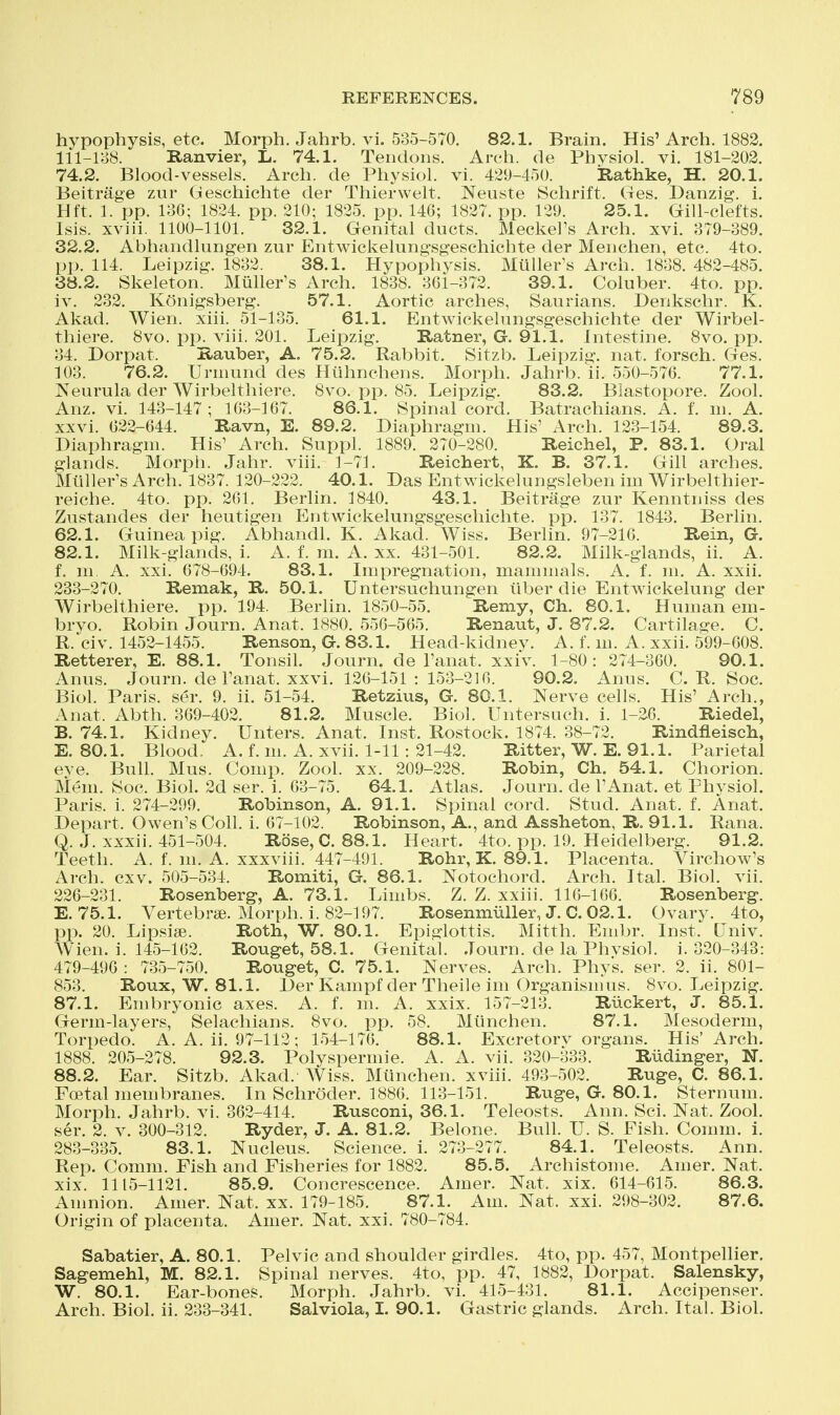 hypophysis, etc. Morph. Jahrb. vi. 535-570. 82.1. Brain. His'Arch. 1882. 111-188. Ranvier, L. 74.1. Tendons. Arch, de Piivsiol. vi. 181-202. 74.2. Blood-vessels. Arch, de Physiol, vi. 429-450. Rathke, H. 20.1. Beitrage zur Geschichte der Thierwelt. Neuste Schrift. Ges. Danzig, i. Hft. 1. pp. 186; 1824. pp. 210; 1825. pp. 146; 1827. pp. 129. 25.1. Gill-clefts. Isis. xviii. 1100-1101. 32.1. Genital ducts. Meckel's Arch. xvi. 879-389. 32.2. Abhandlungen zur Entwickelungsgeschichte der Menchen, etc. 4to. pp. 114. Leipzig. 1832. 38.1. Hypophysis. MuUer's Arch. 1838. 482-485. 38.2. Skeleton. Muller's Arch. 1838. 361-372. 39.1. Coluber. 4to. pp. iv. 232. Konigsberg. 57.1. Aortic arches, Saurians. Denkschr. K. Akad. Wien. xiii. 51-135. 61.1. Entwickelungsgeschichte der Wirbel- thiere. 8vo. pp. viii. 201. Leipzig. Ratner, G. 91.1. Intestine. 8vo. pp. 34. Dorpat. Rauber, A, 75.2. Rabbit. Sitzb. Leipzig, nat. forsch. Ges. 103. 76.2. Urmund des Huhnchens. Morph. Jahrb. li. 550-576. 77.1. Neurula der Wirbelthiere. 8vo. pp. 85. Leipzig. 83.2. Blastopore. Zool. Anz. vi. 143-147; 163-167. 86.1. Spinal cord. Batrachians. A. f. m. A. xxvi. 622-644. Ravn, E. 89.2. Diaphragm. His' Arch. 123-154. 89.3. Diaphragm. His' Arch. Suppl. 1889. 270-280. Reichel, P. 83.1. Oral glands. Morph. Jahr. viii. 1-71. Reichert, K. B. 37.1. Gill arches. Muller's Arch. 1837. 120-222. 40.1. Das Entwickelungsleben im Wirbelthier- reiche. 4to. pp. 261. Berlin. 1840, 43.1. Beitrage zur Kenntniss des Zustandes der heutigen Entwickelungsgeschichte. pp. 137. 1843, Berlin. 62.1. Guinea pig. Abhandl, K. Akad. Wiss. Berlin. 97-216. Rein, G. 82.1. Milk-glands, i. A. f. m. A. xx. 431-501. 82.2. Milk-glands, ii. A. f. m A. xxi. 678-694. 83.1. Impregnation, mammals. A. f. m, A. xxii, 283-270. Remak, R. 50.1. Untersuchungen liber die Entwickelung der Wirbelthiere. pp. 194. Berlin. 1850-55. Remy, Ch. 80.1. Human em- bryo. Robin Journ. Anat. 1880. 556-565. Renaut, J. 87.2. Cartilage. C. R. civ. 1452-1455. Renson, G. 83.1. Head-kidney. A. f. m. A. xxii. 599-608. Retterer, E. 88.1. Tonsil. Journ. de I'anat. xxiv. 1-80 : 274-860. 90.1. Anus. Journ. de I'anat. xxvi. 126-151 : 153-216. 90.2. Anus, C. R, Soc. Biol. Paris, ser. 9. ii. 51-54. Retzius, G. 80.1. Nerve cells. His' Arch., Anat. Abth. 869-402. 81.2. Muscle, Biol. Untersuch. i. 1-26. Riedel, B, 74,1. Kidney. Unters. Anat. Inst, Rostock. 1874. 38-72. Rindfleisch, E. 80.1. Blood. A. f. m. A. xvii. 1-11 : 21-42. Ritter, W. E. 91.1. Parietal eve. Bull. Mus. Comp. Zool. xx. 209-228. Robin, Ch. 54.1. Chorion. Mem. Soc. Biol. 2d ser. i. 68-75. 64.1. Atlas. Journ. de I'Anat. et Physiol. Paris, i. 274-299. Robinson, A. 91,1. Spinal cord. Stud. Anat. f. Anat. Depart. Owen's Coll. i. 67-102. Robinson, A., and Assheton, R. 91.1. Rana. Q. J. xxxii. 451-504. Rose, C. 88,1. Heart. 4to. pp. 19. Heidelberg. 91.2. Teeth. A. f. m. A. xxxviii. 447-491. Rohr, K. 89.1. Placenta. Virchow's Arch. cxv. 505-534. Romiti, G. 86,1. Notochord, Arch. Ital. Biol. vii. 226-231. Rosenberg-, A, 73,1, Limbs. Z. Z. xxiii. 116-166. Rosenberg. E. 75.1. Vertebrae. Morph. i. 82-197. Rosenmiiller, J. C. 02.1. Ovary. 4to, pp. 20. Lipsige. Roth, W. 80.1. Epiglottis. Mitth. Embr. Inst. Univ. Wien. i. 145-162. Rouget, 58.1. Genital. Journ. de la Phvsiol. i. 320-343: 479-496: 735-750. Rouget, C. 75.1. Nerves. Arch. Phys. ser. 2. ii. 801- 853. Roux, W. 81.1. IJer Kampf der Theile im Organism us. 8vo. Leipzig. 87.1. Embryonic axes. A. f. m. A. xxix. 157-213. Riickert, J. 85.1. Germ-layers, Selachians. 8vo. pp. 58. Miinchen. 87,1. Mesoderm, Torpedo. A. A. ii, 97-112; 154-176. 88.1. Excretorv organs. His' Arch. 1888. 205-278. 92.3. Polyspermie. A. A. vii. 320-833. Riidinger, N. 88.2. Ear. Sitzb. Akad. Wiss. Miinchen. xviii. 493-502. Ruge, C. 86.1. Foetal membranes. In Schroder. 1886. 113-151. Ruge, G. 80,1. Sternum, Morph. Jahrb. vi. 362-414. Rusconi, 36,1. Teleosts. Ann. Sci. Nat. Zool. ser. 2. V. 300-312. Ryder, J. A. 81.2. Belone. Bull. U. S. Fish. Comm. 1. 283-335. 83.1. Nucleus. Science, i. 278-277. 84.1. Teleosts. Ann. Rep. Comm. Pish and Fisheries for 1882. 85.5. Archistome. Amer. Nat. xix. 1115-1121. 85.9. Concrescence. Amer. Nat. xix. 614-615. 86.3. Amnion. Amer. Nat. xx. 179-185. 87.1. Am. Nat. xxi. 298-802, 87.6. Origin of placenta, Amer, Nat. xxi. 780-784. Sabatier, A. 80.1. Pelvic and shoulder girdles. 4to, pp. 457, Montpellier. Sagemehl, M. 82.1. Spinal nerves. 4to, pp. 47, 1882, Dorpat. Salensky, W. 80.1. Ear-bones. Morph. Jahrb. vi. 415-431, 81.1. Accipenser. Arch. Biol. ii. 233-341. Salviola, I. 90.1. Gastric glands. Arch. Ital. Biol.