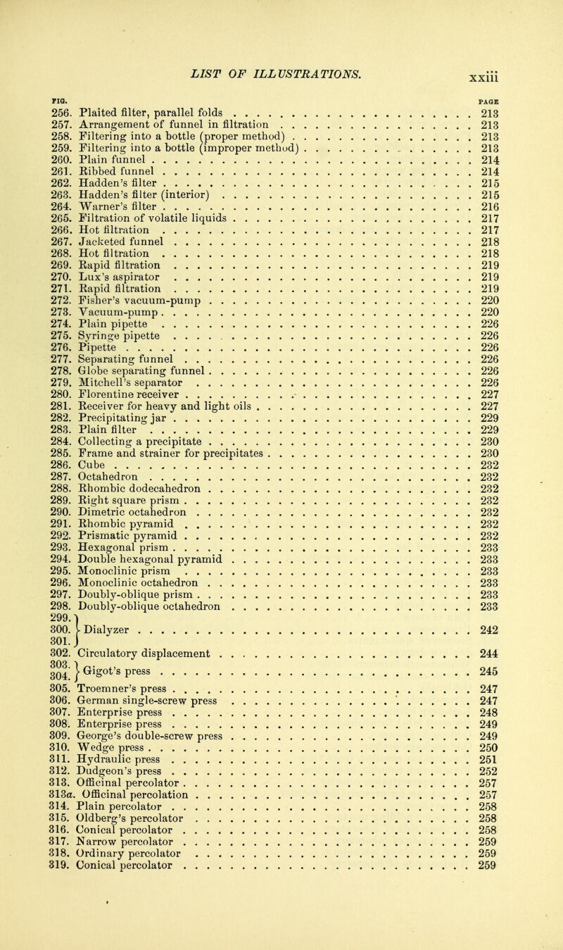 FIG. PAGK 256. Plaited filter, parallel folds 213 257. Arrangement of funnel in filtration 213 258. Filtering into a bottle (proper method) 213 259. Filtering into a bottle (improper method) 213 260. Plain funnel 214 261. Kibbed funnel 214 262. Hadden's filter 215 263. Hadden's filter (interior) 215 264. Warner's filter 216 265. Filtration of volatile liquids , 217 266. Hot filtration 217 267. Jacketed funnel 218 268. Hot filtration 218 269. Kapid filtration 219 270. Lux's aspirator 219 271. Rapid filtration 219 272. Fisher's vacuum-pump 220 273. Vacuum-pump 220 274. Plain pipette 226 275. Syringe pipette 226 276. Pipette 226 277. Separating funnel 226 278. Globe separating funnel 226 279. Mitchell's separator 226 280. Florentine receiver - 227 281. Receiver for heavy and light oils 227 282. Precipitating jar 229 283. Plain filter 229 284. Collecting a precipitate 230 285. Frame and strainer for precipitates 230 286. Cube 232 287. Octahedron 232 288. Rhombic dodecahedron 232 289. Right square prism 232 290. Dimetric octahedron 232 291. Rhombic pyramid 232 292. Prismatic pyramid 232 293. Hexagonal prism 233 294. Double hexagonal pyramid 233 295. Monoclinic prism 233 296. Monoclinic octahedron 233 297. Doubly-oblique prism 233 298. Doubly-oblique octahedron 233 299. ) 300. [ Dialyzer 242 301. J 302. Circulatory displacement 244 304 } ^Sot's Press 245 305. Troemner's press 247 306. German single-screw press . 247 307. Enterprise press 248 308. Enterprise press 249 309. George's double-screw press 249 310. Wedge press 250 311. Hydraulic press 251 312. Dudgeon's press 252 313. Officinal percolator 257 313a. Officinal percolation 257 314. Plain percolator 258 315. Oldberg's percolator 258 316. Conical percolator 258 317. Narrow percolator 259 318. Ordinary percolator 259 319. Conical percolator 259