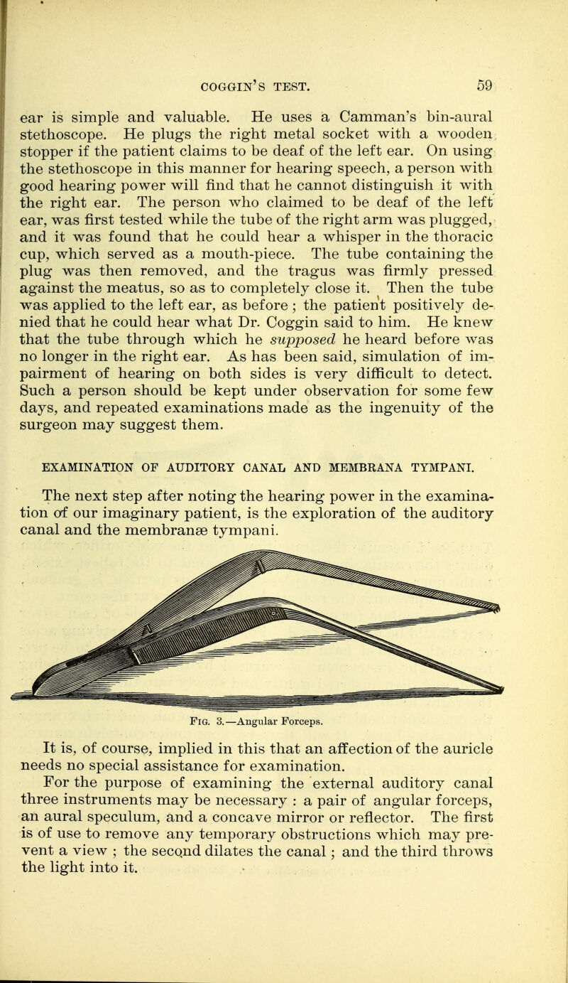 ear is simple and valuable. He uses a Camman's bin-aural stethoscope. He plugs the right metal socket with a wooden stopper if the patient claims to be deaf of the left ear. On using the stethoscope in this manner for hearing speech, a person with good hearing power will find that he cannot distinguish it with the right ear. The person who claimed to be deaf of the left ear, was first tested while the tube of the right arm was plugged, and it was found that he could hear a whisper in the thoracic cup, which served as a mouth-piece. The tube containing the plug was then removed, and the tragus was firmly pressed against the meatus, so as to completely close it. Then the tube was applied to the left ear, as before ; the patient positively de- nied that he could hear what Dr. Coggin said to him. He knew that the tube through which he supposed he heard before was no longer in the right ear. As has been said, simulation of im- pairment of hearing on both sides is very difficult to detect. Such a person should be kept under observation for some few days, and repeated examinations made as the ingenuity of the surgeon may suggest them. EXAMINATION OF AUDITORY CANAL AND MEMBRANA TYMPANI. The next step after noting the hearing power in the examina- tion of our imaginary patient, is the exploration of the auditory canal and the membranse tympani. It is, of course, implied in this that an affection of the auricle needs no special assistance for examination. For the purpose of examining the external auditory canal three instruments may be necessary : a pair of angular forceps, an aural speculum, and a concave mirror or reflector. The first is of use to remove any temporary obstructions which may pre- vent a view ; the second dilates the canal; and the third throws the light into it. Fig. 3. —Angular Forceps.