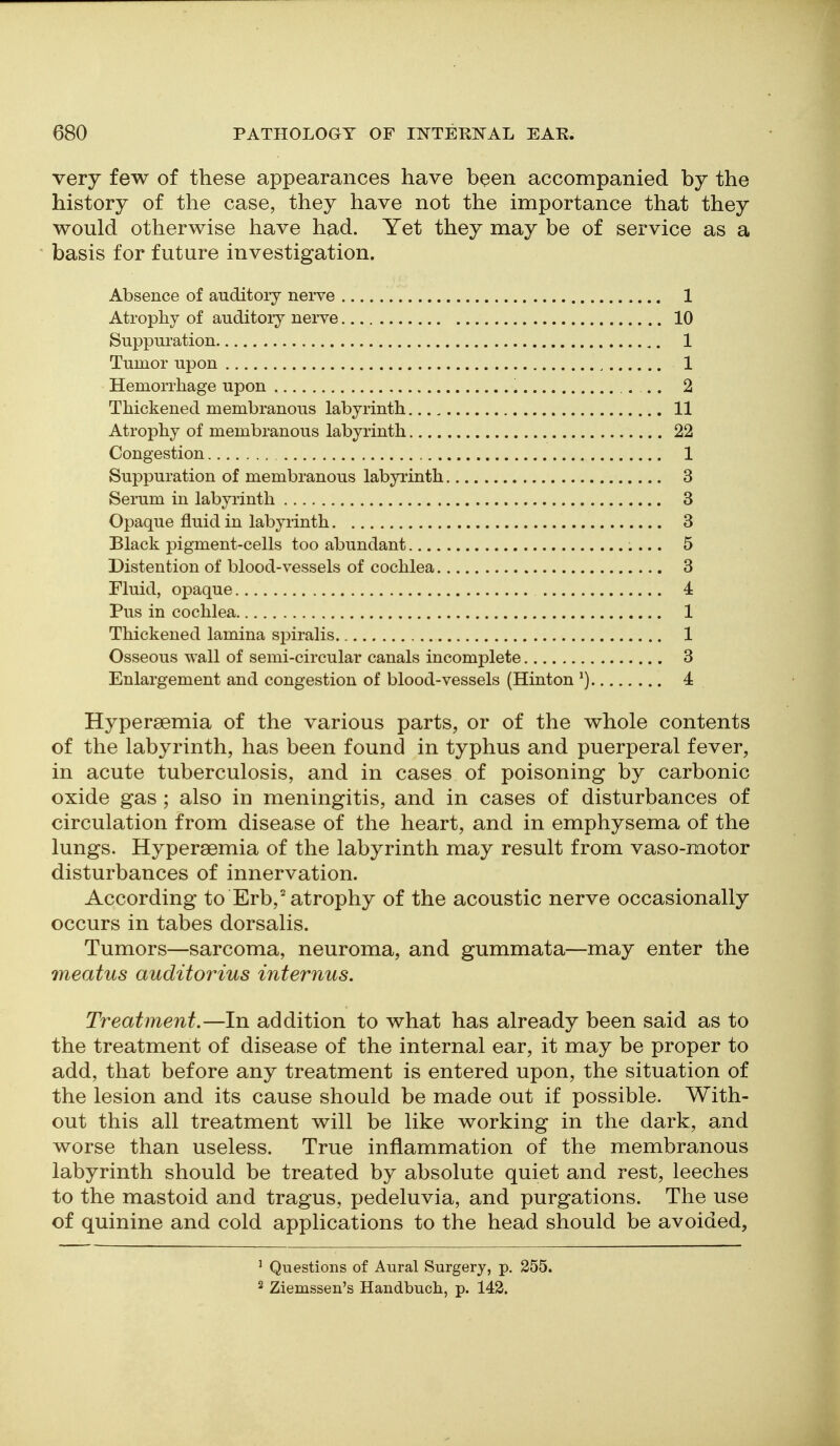 very few of these appearances have been accompanied by the history of the case, they have not the importance that they would otherwise have had. Yet they may be of service as a basis for future investigation. Absence of auditory nerve 1 Atrophy of auditory nerve 10 Suppui'ation 1 Tumor upon 1 Hemorrhage upon 2 Thickened membranous labyrinth 11 Atrophy of membranous labyrinth 22 Congestion 1 Suppuration of membranous labyrinth 3 Serum in labyrinth 3 Opaque fluid in labyrinth 3 Black pigment-cells too abundant 5 Distention of blood-vessels of cochlea 3 Fluid, opaque 4 Pus in cochlea 1 Thickened lamina spiralis. 1 Osseous wall of semi-circular canals incomplete 3 Enlargement and congestion of blood-vessels (Hinton ^) 4 Hypersemia of the various parts, or of the whole contents of the labyrinth, has been found in typhus and puerperal fever, in acute tuberculosis, and in cases of poisoning by carbonic oxide gas ; also in meningitis, and in cases of disturbances of circulation from disease of the heart, and in emphysema of the lungs. Hyperaemia of the labyrinth may result from vaso-motor disturbances of innervation. According to Erb,'atrophy of the acoustic nerve occasionally occurs in tabes dorsalis. Tumors—sarcoma, neuroma, and gummata—may enter the 7neatus auditorius internus. Treatment.—In addition to what has already been said as to the treatment of disease of the internal ear, it may be proper to add, that before any treatment is entered upon, the situation of the lesion and its cause should be made out if possible. With- out this all treatment will be like working in the dark, and worse than useless. True inflammation of the membranous labyrinth should be treated by absolute quiet and rest, leeches to the mastoid and tragus, pedeluvia, and purgations. The use of quinine and cold applications to the head should be avoided, ^ Questions of Aural Surgery, p. 255. 2 Ziemssen's Handbuch, p. 142.