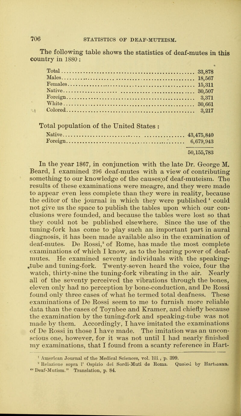 The following table shows the statistics of deaf-mutes in this country in 1880: Total 33^878 Males 18,567 Females 15,311 Native , 30,507 Foreign 3,371 White, 80,661 %\ Colored 3,217 Total population of the United States : Native 43,475,840 Foreign 6,679,943 50,155,783 In the year 1867, in conjunction with the late Dr. George M. Beard, I examined 296 deaf-mutes with a view of contributing something to our knowledge of the causespf deaf-muteism. The results of these examinations were meagre, and they were made to appear even less complete than they were in reality, because the editor of the journal in which they were published ^ could not give us the space to publish the tables upon which our con- clusions were founded, and because the tables were lost so that they could not be published elsewhere. Since the use of the tuning-fork has come to play such an important part in aural diagnosis, it has been made available also in the examination of deaf-mutes. De Rossi,' of Rome, has made the most complete examinations of which I know, as to the hearing power of deaf- mutes. He examined seventy individuals with the speaking- -tube and tuning-fork. Twenty-seven heard the voice, four the watch, thirty-nine the tuning-fork vibrating in the air. Nearly all of the seventy perceived the vibrations through the bones, eleven only had no perception by bone-conduction, and De Rossi found only three cases of what he termed total deafness. These examinations of De Rossi seem to me to furnish more reliable data than the cases of Toynbee and Kramer, and chiefly because the examination by the tuning-fork and speaking-tube was not made by them. Accordingly, I have imitated the examinations of De Rossi in those I have made. The imitation was an uncon- scious one, however, for it was not until I had nearly finished my examinations, that I found from a scanty reference in Hart- ' American Journal of the Medical Sciences, vol. liii., p. 399. Relazione sopra 1' Ospizio dei Sordi-Muti de Roma. Quoteii by Hartmann. Deaf-Mutism. Translation, p. 84.