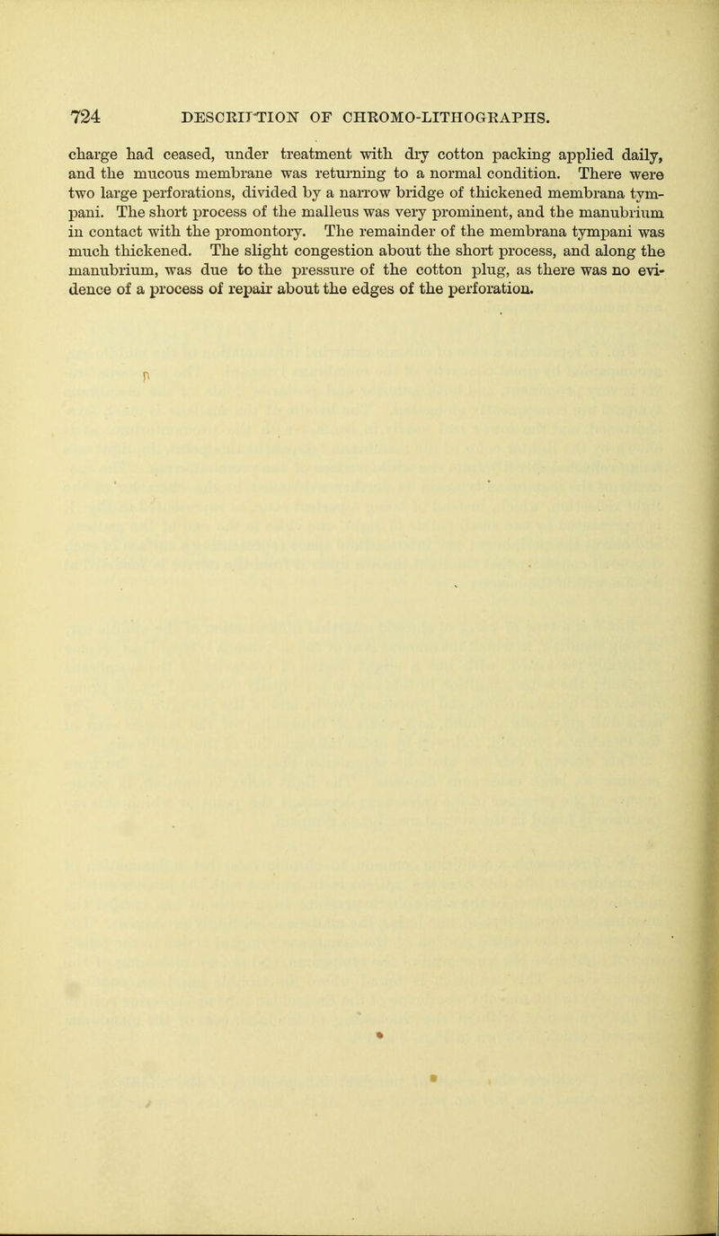 charge had ceased, under treatment with dry cotton packing applied daily, and the mucous membrane was returning to a normal condition. There were two large perforations, divided by a narrow bridge of thickened membrana tym- pani. The short process of the malleus was very prominent, and the manubrium in contact with the promontory. The remainder of the membrana tympani was much thickened. The slight congestion about the short process, and along the manubrium, was due to the pressure of the cotton plug, as there was no evi- dence of a process of repair about the edges of the perforation. •