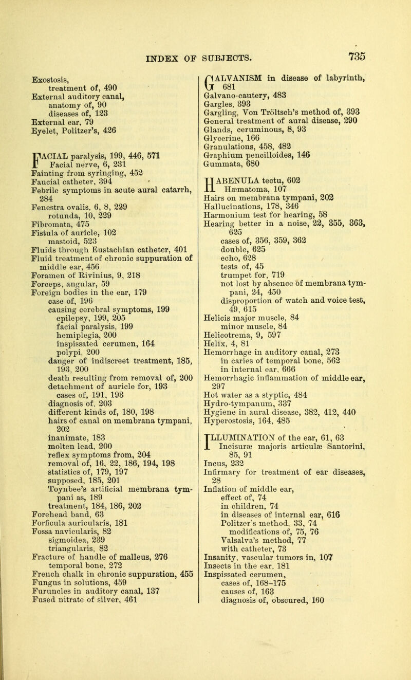 Exostosis, treatment of, 490 External auditory canal, anatomy of, 90 diseases of, 123 External ear, 79 Eyelet, Politzer's, 426 FACIAL paralysis, 199, 446, 571 Facial nerve, 6, 231 Fainting from syringing, 452 Faucial catheter, 394 Febrile symptoms in acute aural catarrh, 284 Fenestra ovalis, 6, 8, 229 rotunda, 10, 229 Fibromata, 475 Fistula of auricle, 102 mastoid, 523 Fluids through Eustachian catheter, 401 Fluid treatment of chronic suppuration of middle ear, 456 Foramen of Rivinius, 9, 218 Forceps, angular, 59 Foreign bodies in the ear, 179 case of, 196 causing cerebral symptoms, 199 epilepsy, 199, 205 facial paralysis, 199 hemiplegia, 200 inspissated cerumen, 164 polypi, 200 danger of indiscreet treatment, 185, 193, 200 death resulting from removal of, 200 detachment of auricle for, 193 cases of, 191, 193 diagnosis of, 203 different kinds of, 180, 198 hairs of canal on membrana tympani, 202 inanimate, 183 molten lead, 200 reflex symptoms from, 204 removal of, 16, 22, 186, 194, 198 statistics of, 179, 197 supposed, 185, 201 Toynbee's artificial membrana tym- pani as, 189 treatment, 184, 186, 202 Forehead band, 63 Forficula auricularis, 181 Fossa navicularis, 82 sigmoidea, 239 triangularis, 82 Fracture of handle of malleus, 276 temporal bone, 272 French chalk in chronic suppuration, 455 Fungus in sohitions, 459 Furuncles in auditory canal, 137 Fused nitrate of silver, 461 SUBJECTS. 735 GALVANISM in disease of labyrinth, 681 Galvano-cautery, 483 Gargles, 393 Gargling, Von Troltsch's method of, 393 General treatment of aural disease, 290 Glands, ceruminous, 8, 93 Glycerine, 166 Granulations, 458, 482 Graphium pencilloides, 146 Gummata, 680 HABENULA tectu, 602 Hsematoma, 107 Hairs on membrana tympani, 202 Hallucinations, 178, 346 Harmonium test for hearing, 58 Hearing better in a noise, 22, 355, 363, 625 cases of, 356, 359, 362 double, 625 ' echo, 628 tests of, 45 trumpet for, 719 not lost by absence of membrana tym- pani, 24, 450 disproportion of watch and voice test, 49, 615 Helicis major muscle, 84 minor muscle, 84 Helicotrema, 9, 597 Helix, 4, 81 Hemorrhage in auditory canal, 273 in caries of temporal bone, 562 in internal ear, 666 Hemorrhagic inflammation of middle ear, 297 Hot water as a styptic, 484 Hydro-tympanum, 337 Hygiene in aural disease, 382, 412, 440 Hyperostosis, 164, 485 ILLUMINATION of the ear, 61, 63 Incisurse majoris articulai Santorini, 85, 91 Incus, 232 Infirmary for treatment of ear diseases, 28 Inflation of middle ear, effect of, 74 in children, 74 in diseases of internal ear, 616 Politzer's method, 33, 74 modifications of, 75, 76 Valsalva's method, 77 with catheter, 73 Insanity, vascular tumors in, 107 Insects in the ear, 181 Inspissated cerumen, cases of, 168-175 causes of, 163 diagnosis of, obscured, 160 •