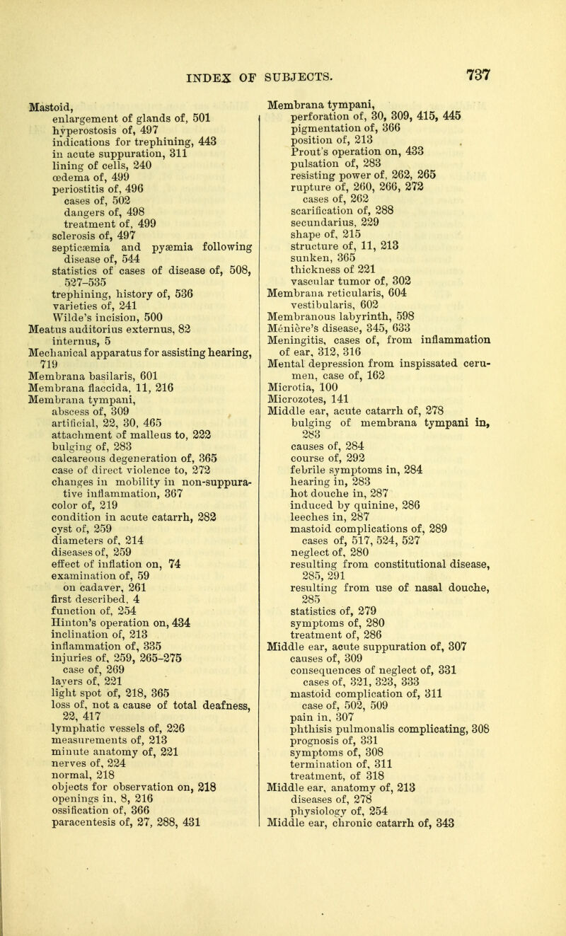 Mastoid, enlargement of glands of, 501 hyperostosis of, 497 indications for trephining, 443 in acute suppuration, 311 lining of cells, 240 oedema of, 499 periostitis of, 496 cases of, 502 dangers of, 498 treatment of, 499 sclerosis of, 497 septicemia and pyaemia following disease of, 544 statistics of cases of disease of, 508, 527-535 trephining, history of, 536 varieties of, 241 Wilde's incision, 500 Meatus auditorius externus, 82 internus, 5 Mechanical apparatus for assisting hearing, 719 Membrana basilaris, 601 Membrana flaccida, 11, 216 Membrana tympani, abscess of, 309 artificial, 22, 30, 465 attachment of malleus to, 222 bulging of, 283 calcareous degeneration of, 365 case of direct violence to, 272 changes in mobility in non-suppura- tive inflammation, 367 color of, 219 condition in acute catarrh, 282 cyst of, 259 diameters of, 214 diseases of, 259 effect of inflation on, 74 examination of, 59 on cadaver, 261 first described, 4 function of, 254 Hinton's operation on, 434 inclination of, 213 inflammation of, 335 injuries of, 259, 265-275 case of, 269 layers of, 221 light spot of, 218, 365 loss of, not a cause of total deafness, 22, 417 lymphatic vessels of, 226 measurements of, 213 minute anatomy of, 221 nerves of, 224 normal, 218 objects for observation on, 218 openings in, 8, 216 ossification of, 366 paracentesis of, 27, 288, 431 SUBJECTS. 737 Membrana tympani, perforation of, 30, 309, 415, 445 pigmentation of, 366 position of, 213 Front's operation on, 433 pulsation of, 283 resisting power of, 262, 265 rupture of, 260, 266, 272 cases of, 262 scarification of, 288 secundarius, 229 shape of, 215 structure of, 11, 213 sunken, 365 thickness of 221 vascular tumor of, 302 Membrana reticularis, 604 vestibularis, 602 Membranous labyrinth, 598 Meniere's disease, 345, 633 Meningitis, cases of, from inflammation of ear, 312, 316 Mental depression from inspissated ceru- men, case of, 162 Microtia, 100 Microzotes, 141 Middle ear, acute catarrh of, 278 bulging of membrana tympani in, 283 causes of, 284 course of, 292 febrile symptoms in, 284 hearing in, 283 hot douche in, 287 induced by quinine, 286 leeches in, 287 mastoid complications of, 289 cases of, 517, 524, 527 neglect of, 280 resulting from constitutional disease, 285, 291 resulting from use of nasal douche, 285 statistics of, 279 symptoms of, 280 treatment of, 286 Middle ear, acute suppuration of, 307 causes of, 309 consequences of neglect of, 331 cases of, 321, 323, 333 mastoid complication of, 311 case of, 502, 509 pain in, 307 phthisis pulmonalis complicating, 308 prognosis of, 331 symptoms of, 308 termination of, 311 treatment, of 318 Middle ear, anatomy of, 213 diseases of, 278 physiology of, 254 Middle ear, chronic catarrh of, 343