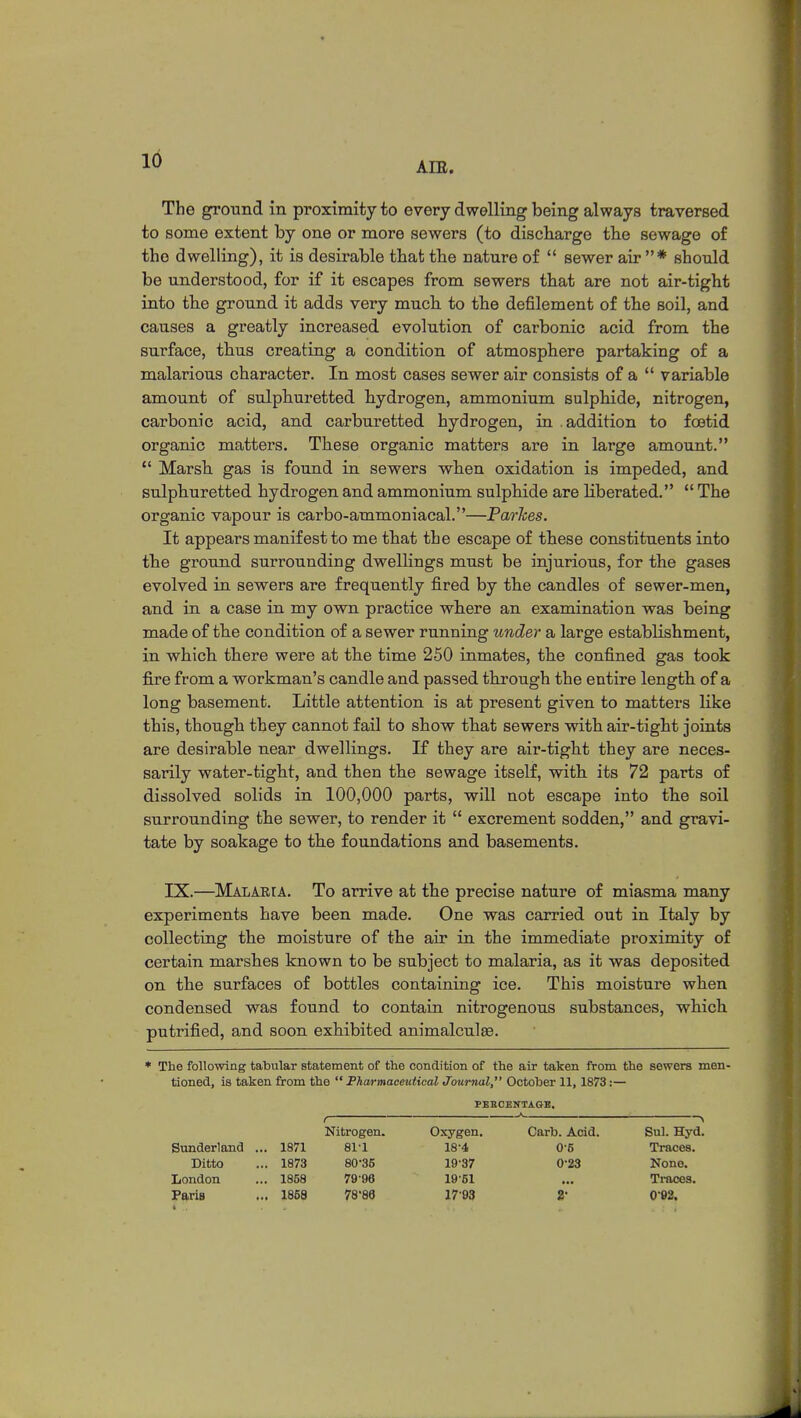 The ground in proximity to every dwelling being always traversed to some extent by one or more sewers (to discharge the sewage of the dwelling), it is desirable that the nature of  sewer air * should be understood, for if it escapes from sewers that are not air-tight into the ground it adds very much to the defilement of the soil, and causes a greatly increased evolution of carbonic acid from the surface, thus creating a condition of atmosphere partaking of a malarious character. In most cases sewer air consists of a  variable amount of sulphuretted hydrogen, ammonium sulphide, nitrogen, carbonic acid, and carburetted hydrogen, in .addition to foetid organic matters. These organic matters are in large amount.  Marsh gas is found in sewers when oxidation is impeded, and sulphuretted hydrogen and ammonium sulphide are liberated.  The organic vapour is carbo-ammoniacal.—Parhes. It appears manifest to me that the escape of these constituents into the ground surrounding dwellings must be injurious, for the gases evolved in sewers are frequently fired by the candles of sewer-men, and in a case in my own practice where an examination was being made of the condition of a sewer running under a large establishment, in which there were at the time 250 inmates, the confined gas took fire from a workman's candle and passed through the entire length of a long basement. Little attention is at present given to matters like this, though they cannot fail to show that sewers with air-tight joints are desirable near dwellings. If they are air-tight they are neces- sarily water-tight, and then the sewage itself, with its 72 parts of dissolved solids in 100,000 parts, will not escape into the soil surrounding the sewer, to render it  excrement sodden, and gravi- tate by soakage to the foundations and basements. IX.—Malaria. To arrive at the precise nature of miasma many experiments have been made. One was carried out in Italy by collecting the moisture of the air in the immediate proximity of certain marshes known to be subject to malaria, as it was deposited on the surfaces of bottles containing ice. This moisture when condensed was found to contain nitrogenous substances, which putrified, and soon exhibited animalculse. * The following tabular statement of the condition of the air taken from the sewers men- tioned, is taken from the  Pharmacetdical Journal, October 11, 1873:— PERCENTAGE. r A i Nitrogen. Oxygen. Carb. Acid. Sul. Hyd. Sunderland ., . 1871 81-1 18-4 0-5 Traces. Ditto .. 1873 80-35 19-37 0-23 None. London . 1858 79-96 1951 Traces. Paris . ,. 1858 78-86 1793 2- 0-92.