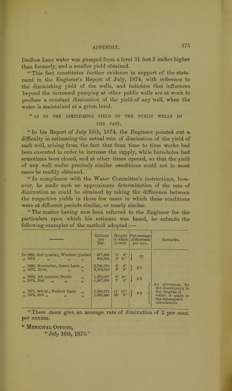 Dudlow Lane water was pumped from a level 31 feet 3 inches higher than formerly, and a smaller yield obtained.  This fact constitutes further evidence in support of the state- ment in the Engineer's Report of July, 1874, with reference to the diminishing yield of the wells, and indicates that influences beyond the increased pumping at other public wells are at work to produce a constant diminution of the yield of any well, when the water is maintained at a given level.  AS TO THE DIMINISHING YIELD OP THE PUBLIC WELLS IN THE PAST.  In his Report of July 16th, 1874, the Engineer pointed out a difficulty in estimating the actual rate of diminution of the yield of each well, arising from the fact that from time to time works had been executed in order to increase the supply, while bore-holes had sometimes been closed, and at other times opened, so that the yield of any well under precisely similar cenditions could not in most cases be readily obtained.  In compliance with the Water Committee's instructions, how- ever, he made such an approximate determination of the rate of diminution as could be obtained by taking the difference between the respective yields in those few cases in which these conditions were at different periods similar, or nearly similar.  The matter having now been referred to the Engineer for the particulars upon which his estimate was based, he submits the following examples of the method adopted :— In 1865, 2nd quarter, Windsor yielded t> 1874 ,, ,, ,, „ 1869, November, Green Lane „ „ 1872, June, „ „ „ 1869, 4th quarter, Bootle „ „ 1874, 2nd „ „ 1871, 3rd qr., Dudlow Lane „ 1874, 2nd „ Gallons per day. 977,695 909,906 3,740,876 3,579,820 1,570,077 1,407,616 1,350,371 1.240,440 Height of water in well. 5' 8 3' 11 2 2 8' 10 7' 3 11' 10 46' 9 Per centage ofdecrease per ami. •77 2-0 } } j 23 | 29 Remarks. An allowance for the discrepancy in the heights of water is made in the subsequent calculations.  These cases give an average rate of diminution of 2 per cent, per annum.  Municipal Offices, 10th, 1875.