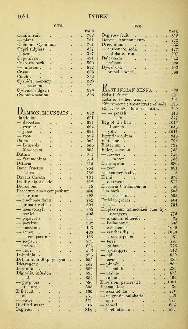 CUM PAGE ENE PAGR Cumin fruit . 762 Dog rose fruit . 818 — plant .... . 761 Dorema Ammoniacum 772 Cuminum Cyminum . . 761 Dried alum ...... 233 Cupri sulphas . 327 — carbonate, soda 177 Cuprum .... . 327 — sulphate, iron 307 Cupuliferse.... . 491 Dulcamara . 622 Cusparia bark . 890 — infusion . 623 — infusion .... . 892 Dyers' oak ...... 493 Cusso ..... . 823 — orchella weed. . . . 398 Cutch . 852 Cyanide,, mercury . 363 T? IJAST INDIAN SENNA . — potassium . . . . 154 Cydonia vulgaris . 826 860 Cydoniad semina . . 826 Ecbalii fructus . . . 791 Ecbalium ofncinarum . Effervescent citro-tartrate of soda 791 196 TV JJamson, mountain . Effervescing solution of lithia 200 . 882 potash .. . . . 140 Dandelion .... . 691 soda . 377 — decoction \ # • . 694 Egg of the hen . 1046 — extract .... . 694 — albumen . . . . 1046 — juice . . 694 — yolk 1047 — root .... . 692 Egyptian opiuna . 946 Daphne .... . 565 Elaterine . 793 — Laureola . 565 Elaterium . 792 — Mezereum . 565 Elder, common . . . . 753 Datura .... . 615 — flowers ..... 753 — Stramonium . . 614 water . 753 Daturia ... . . 615 Elecampane . 680 Dauci fructus . 764 — root . 681 — sativa .... . 764 Elementary bodies 3 Daucus Carota . . 764 Elemi 876 Deadly nightshade . 612 — ointment . 877 Decoctions .... . 18 Elettaria Cardamomum 456 Deeoctum aloes compositum . 438 Elm bark 503 — cetrarise .... . 398 decoction ..... 503 — cinchonas flavas . 742 Embden groats » 404 — granati radicis . 804 Emetia ...... 704 — hsematoxyli . 853 Eraplastrum ammoniaci cum hy- — hordei .... . 405 drargyro .... 775 — papaveris . 941 — ammonii chloridi . 35 — pareirse ...... . 992 — belladonnae .... 608 — quercus .... . 493 — calefaciens .... 1030 — sarsae .... . 46*6 — cantharidis .... 1030 compositum . 466 — cerati saponis 281 — scoparii .... . 834 — ferri . . 297 — taraxaci .... . 694 — galbani ..... 776 — ulmi .... . 503 — hydrargyri . . . . 342 Delphinia ..... . 996 — opii . . . . ... ■ 970 Delphinium Staphysagria . . 995 — picis ....... 480 Dictyogenae . 459 — plumbi ....... 280 Digit ali n .... . 596 iodidi .... 289 Digitalis, infusion . 595 — resinae ..... 476 — leaf . . . . . 587 — saponis ..... 199 — purpurea . 586 Emulsion, pancreatie . 1061 — tincture .... . 595 Enema aloes ... 436 Dill fruit . . 760 — assafeetidae 770 — oil . 761 — magnesias sulphatis 228 —7 water .... . 761 — opii ..... 971 Distilled water . . 16 — tabaci ...... 622 Dog rose .... . 818 — terebinthinae . . 473