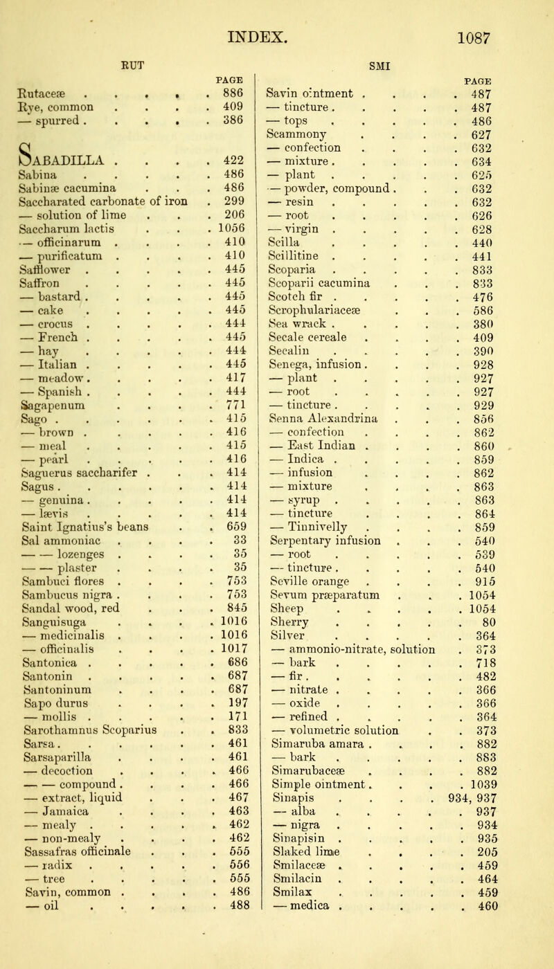 RUT PAGE Rutacese 886 live, common .... 409 — spurred ..... 386 UABADILLA . . . .422 Sabina 486 Sabinse cacumina . . . 486 Saccharated carbonate of iron . 299 — solution of lime . .. . 206 Saccharum lactis . . . 1056 — officinarum . . . .410 — purificatum . . . .410 Saffiower 445 Saffron 445 — bastard 445 — cake ..... 445 — crocus ..... 444 — French ..... 445 — hay 444 — Italian 445 — meadow. . . . .417 — Spanish 444 Sagapenum . . . .771 Sago 415 — brown . . . . .416 — meal ..... 415 — pearl . . , . .416 feaguerus saccharifer . . .414 Sagus 414 — genuina. . . . .414 — lsevis ..... 414 Saint Ignatius's beans . . 659 Sal ammoniac . . . .33 lozenges .... 35 plaster .... 35 Sambuci flores . . . .753 Sambucus nigra .... 753 Sandal wood, red . . . 845 Sanguisuga . » . .1016 — medicinalis .... 1016 — officinalis .... 1017 Santonica ..... 686 Santonin 687 Santoninum .... 687 Sapo durus . . . .197 — mollis 171 Sarothamnus Scoparius . . 833 Sarsa 461 Sarsaparilla . . . .461 — decoction . ., 466 compound .... 466 — extract, liquid . . . 467 — Jamaica .... 463 — mealy ...... 462 — non-mealy .... 462 Sassafras officinale . . . 555 — radix ..... 556 — tree ..... 555 Savin, common . . . .486 — oil . . . . . 488 SMI PAGE oavin ointment . . 487 — tincture .... 4o / tops .... bcammony . 627 — confection . . . coo boZ — mixture .... 634 — plant .... 625 — powder, compound . 632 resin .... — root .... — virgin .... . 628 CC11 id .... 440 Scillitine .... . 441 Scoparia .... . 833 Scoparii cacumina 833 Scotch fir .... a »r a 4 / O ft pvnvi Vinl ft vi *A i^Pffi OClUUllMlcII IclCccfc; • . Sea wrack .... 90 A oou Secale cereale 409 Secalin ..... 390 Senega, infusion. 928 — plant .... 927 — root .... 927 — tincture .... yzy Senna Alexandrina QOO ortT\Tppflnil — East Indian . . 860 XUtllCcl .... ooy infusion . OOi — mixture . . , obo — syrup .... OOO -— tincture . . , obi n m vpII X 111 111 v trlly . , , S!p'Pl^pYl1£IT'\r lTlfllClfiTl Ocl pcIlL<lly llilUSlUIi a . loot OuJ — tincture .... R A A Seville orange 915 Sevum prseparatum . 1054 Sheep .... . 1054 Sherry .... 80 Silver .... . 364 — ammonio-nitrate, solution 373 — bark .... . 718 — nr ..... A OO — nitrate .... 366 — oxide .... Odd oob — refined .... 364 — volumetric solution . 6(6 Simaruba aroara . .. , C.Q.O rr ^ark- .... . ooo bimaruDacea? . .. , Simple ointment. . . . 1039 Sinapis .... 934, 937 — aioa .... 937 — nigra .... . 934 Sinapism ..... v60 Slaked lirne . 205 Smilacese .... . 459 Smilacin .... . 464 Smilax .... . 459 — medica .... . 460