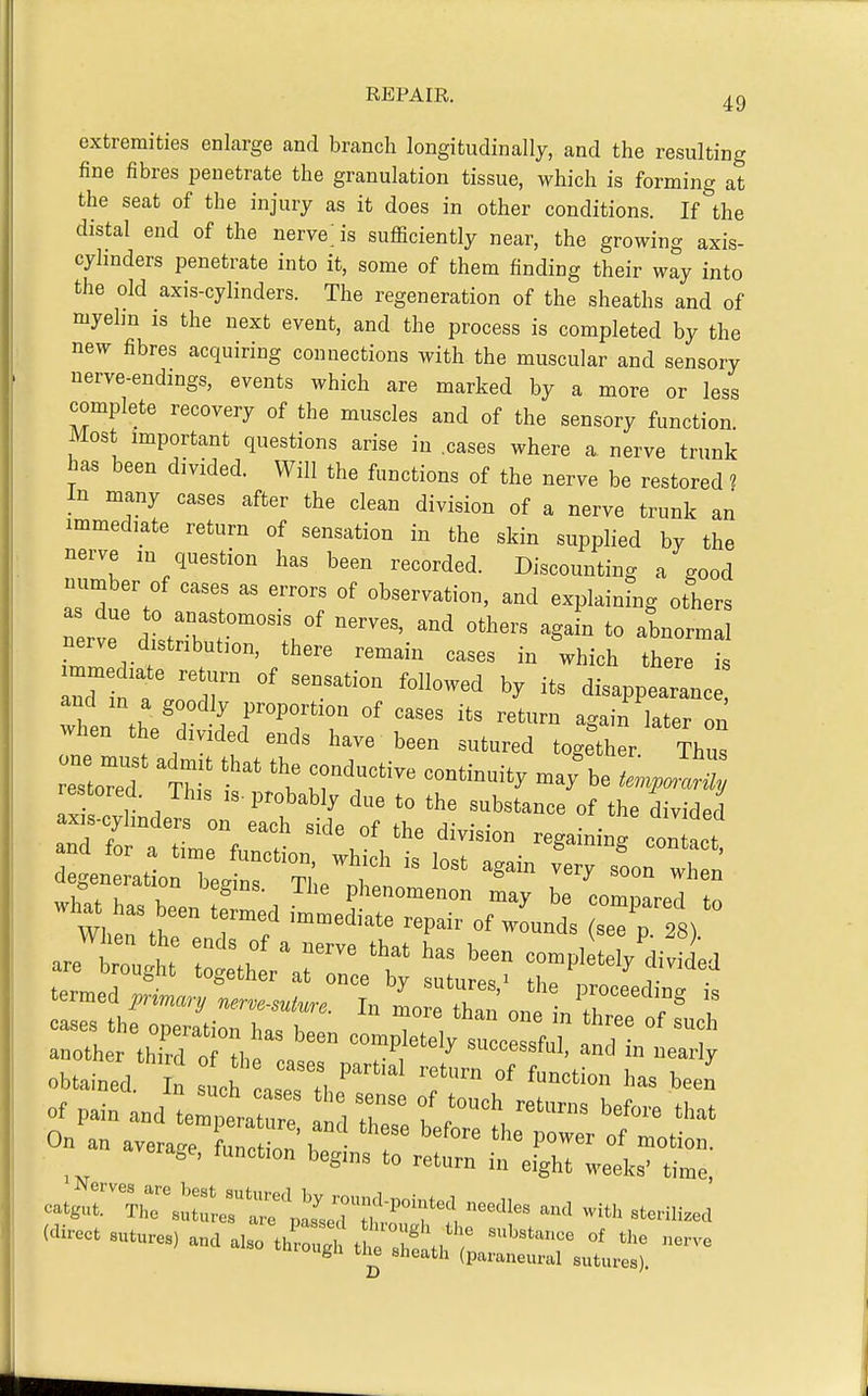 extremities enlarge and branch longitudinally, and the resulting fine fibres penetrate the granulation tissue, which is forming at the seat of the injury as it does in other conditions. If the distal end of the nerve; is sufficiently near, the growing axis- cylinders penetrate into it, some of them finding their way into the old axis-cylinders. The regeneration of the sheaths and of myehn is the next event, and the process is completed by the new fibres acquiring connections with the muscular and sensory uerve-endings, events which are marked by a more or less complete recovery of the muscles and of the sensory function Most important questions arise in .cases where a nerve trunk has been divided. Will the functions of the nerve be restored 1 m many cases after the clean division of a nerve trunk an immediate return of sensation in the skin supplied by the nerve in question has been recorded. Discounting a good naimber of cases as errors of observation, and explaining others as due 0 anastomosis of nerves, and others again to abnormal nerve distribution, there remain cases in which there i ZTtlMT ^-^^^^ ^^^^^^ disappearanc and m a goodly proportion of cases its return again later on when the divided ends have been sutured together Thus lit r . ^''^'^^^ ^'^bstance of the divided ax s-cyhnders on each side of the division regaining con act and for a time function, which is lost again very soon wh n degeneration begins. The phenomenon may be compared to obta.td ' „oh :jr« °f f-- has been'
