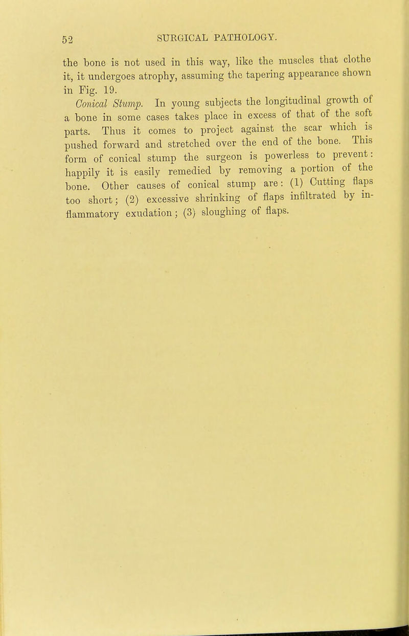 the bone is not used in this way, like the muscles that clothe it, it undergoes atrophy, assuming the tapering appearance shown in Fig. 19. Conical Stump. In young subjects the longitudinal growth of a bone in some cases takes place in excess of that of the soft parts. Thus it comes to project against the scar which is pushed forward and stretched over the end of the bone. This form of conical stump the surgeon is powerless to prevent: happily it is easily remedied by removing a portion of the bone. Other causes of conical stump are: (1) Cutting flaps too short; (2) excessive shrinking of flaps infiltrated by in- flammatory exudation; (3) sloughing of flaps.