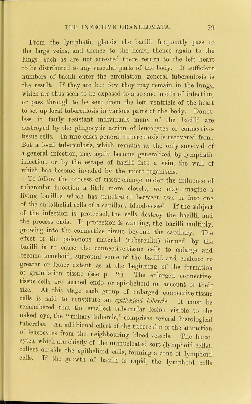 From the lymphatic glands the bacilli frequently pass to the large veins, and thence to the heart, thence again to the lungs; such as are not arrested there return to the left heart to be distributed to any vascular parts of the body. If sufficient numbers of bacilli enter the circulation, general tuberculosis is the result. If they are but few they may remain in the lungs, which are thus seen to be exposed to a second mode of infection, or pass through to be sent from the left ventricle of the heart to set up local tuberculosis in various parts of the body. Doubt- less in fairly resistant individuals many of the bacilli are destroyed by the phagocytic action of leucocytes or connective- tissue cells. In rare cases general tuberculosis is recovered from. But a local tuberculosis, which remains as the only survival of a general infection, may again become generalized by lymphatic infection, or by the escape of bacilli into a vein, the wall of which has become invaded by the micro-organisms. To follow the process of tissue-change under the influence of tubercular infection a little more closely, we may imagine a living bacillus which has penetrated between two or into one of the endothehal cells of a capillary blood-vessel. If the subject of the infection is protected, the cells destroy the bacilli, and the process ends. If protection is wanting, the bacilli multiply, growing into the connective tissue beyond the capillary. The effect of the poisonous material (tuberculin) formed by the bacilli is to cause the connective-tissue cells to enlarge and become amojboid, surround some of the bacilli, and coalesce to greater or lesser extent, as at the beginning of the formation of granulation tissue (see p. 22). The enlarged connective- tissue cells are termed endo- or epi-thelioid on account of their size. ^ At this stage each group of enlarged connective-tissue cells IS said to constitute an epithelioid tubercle. It must be remembered that the smallest tubercular lesion visible to the naked eye, the  mihary tubercle, comprises several histological tubercles. An additional effect of the tuberculin is the attraction ot leucocytes from the neighbouring blood-vessels. The leuco- cytes, which are chiefly of the uninucleated sort (lymphoid cells) col ect outside the epithelioid cells, forming a zone of lymphoid cells. If the growth of bacilli is rapid, the lymphoid cells
