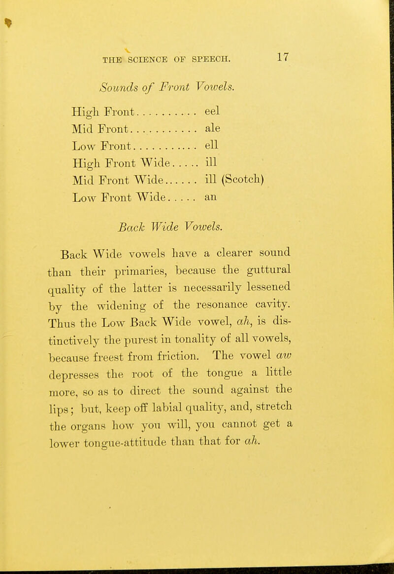 Sounds of Front Voivels. High Front eel Mid Front. ale Low Front ell Higli Front Wide ill Mid Front Wide ill (Scotcli) Low Front Wide an Back Wide Vowels. Back Wide vowels have a clearer sound than their primaries, because the guttural quality of the latter is necessarily lessened by the widening of the resonance cavity. Thus the Low Back Wide vowel, aA, is dis- tinctively the purest in tonality of all vowels, because freest from friction. The vowel aw depresses the root of the tongue a little more, so as to direct the sound against the lips; but, keep off labial quality, and, stretch the organs how you will, you cannot get a lower tongue-attitude than that for ah.