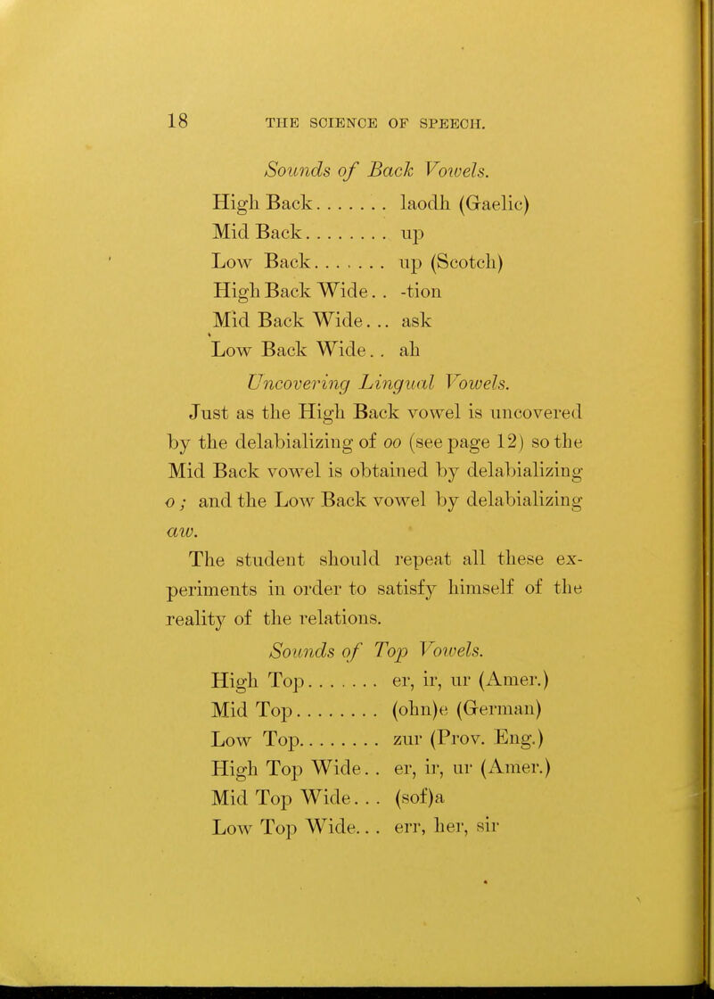 Sounds of Back Voivels. High Back laodh. (Gaelic) Mid Back up Low Back up (Scotcli) High Back Wide. . -tiou Mid Back Wide. .. ask Low Back Wide. . ah Uncovering Lingual Vowels. Just as the High Back vowel is uncovered by the delabializiug of oo (seepage 12) so the Mid Back vowel is obtained by delabializiug o ; and the Low Back vowel by delabializing aw. The student should repeat all these ex- periments in order to satisfy himself of the reality of the relations. Sounds of Top Voivels. High Top er, ir, ur (Amer.) Mid Top (ohn)e (German) Low Top zur (Prov. Eng.) High Top Wide. . er, ir, ur (Amer.) Mid Top Wide... (sof)a Low Top Wide.. . err, her, sir
