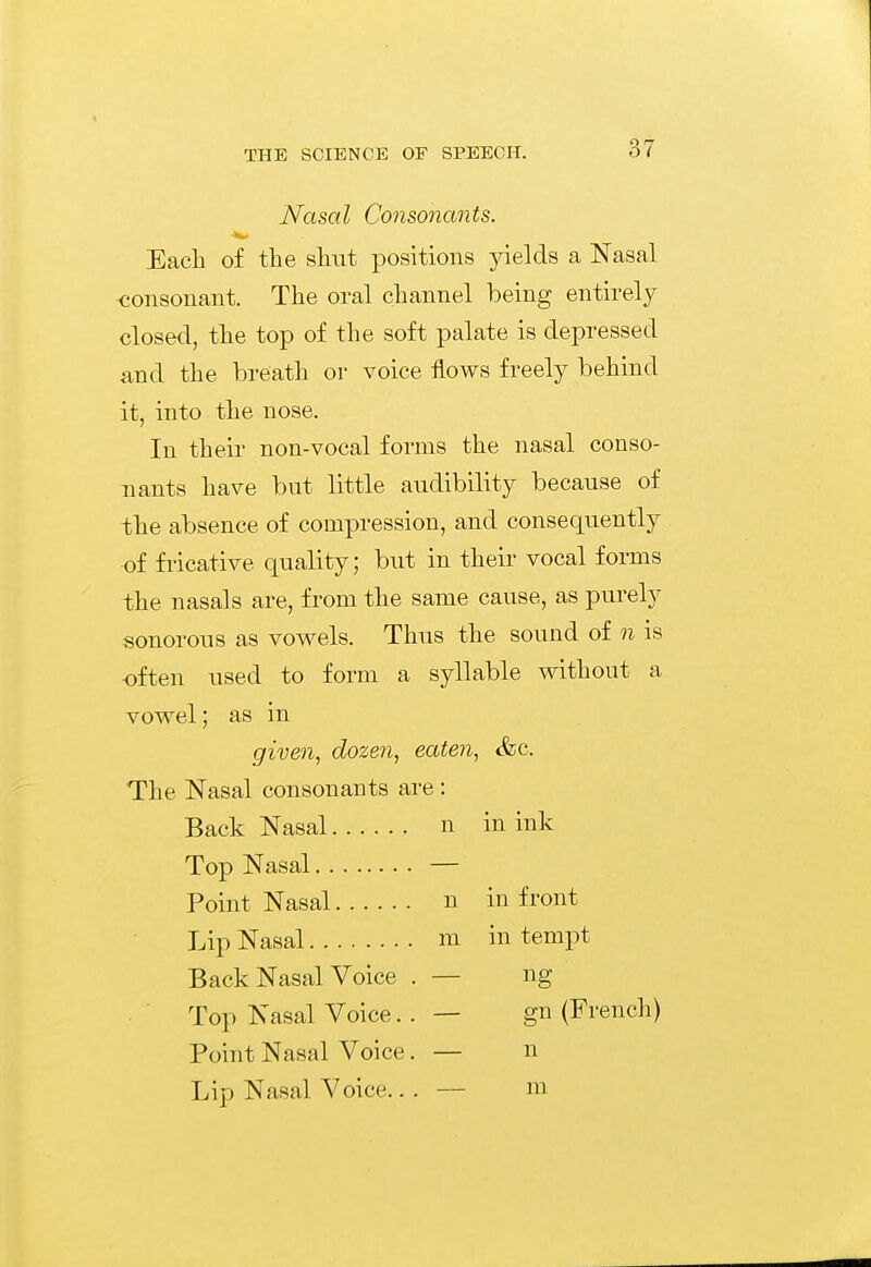 Nasal Consonants. Eacli of tlie sliut positions yields a Nasal <jonsoiiant. The oral channel being entirely closed, the top of the soft palate is depressed and the breath or voice flows freely behind it, into the nose. In their non-vocal forms the nasal conso- nants have but little audibility because of the absence of compression, and consequently of fiicative quality; but in their vocal forms the nasals are, from the same cause, as purely sonorous as vov^els. Thus the sound of n is often used to form a syllable without a vowel; as in given, dozen, eaten, &c. The Nasal consonants are : Back Nasal n in ink Top Nasal — Point Nasal n in front Lip Nasal m in tempt Back Nasal Voice . — ng Top Nasal Voice. . — gn (French) Point Nasal Voice. — n Lip Nasal Voice.. . — m