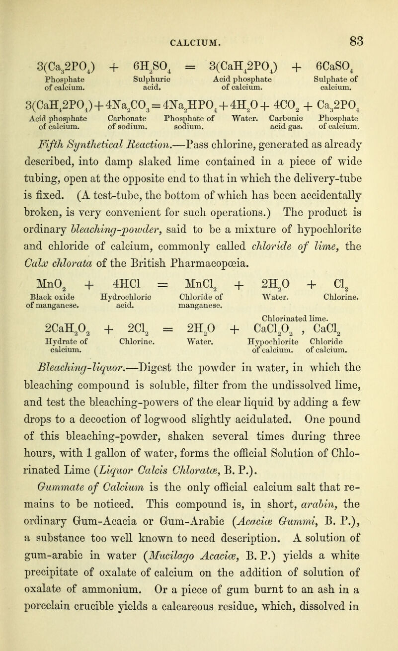 3(Ca^2F0J + BH^SO^ = 3(CaH^2POJ + 6CaS0, Phosphate Sulphuric Acid phosphate Sulphate of of calcium. acid, of calcium. calcium. 3(CaH,2P0J + 4^sra,C03 = 4N'a^HP0^ + 4H^0-j- 4C0, + Ca32P0, Acid phosphate Carbonate Phosphate of Water. Carbonic Phosphate of calcium. of sodium. sodium. acid gas. of calcium. Fifth Synthetical Reaction.—Pass chlorine, generated as already described, into damp slaked lime contained in a piece of wide tubing, open at the opposite end to that in which the delivery-tube is fixed. (A test-tube, the bottom of which has been accidentally broken, is very convenient for such operations.) The product is ordinary bleaching-jpoivder, said to be a mixture of hypochlorite and chloride of calcium, commonly called chloride of lime, the Calx chlorata of the British Pharmacopoeia. MnO^ -f 4HC1 = MnCl^ 2H^0 + CI, Black oxide Hydrochloric Chloride of Water. Chlorine, of manganese. acid. manganese. Chlorinated lime. 2CaH,0, -h 2C1, = 2H^0 + CaCl^, , CaCl, Hydrate of Chlorine. Water. Hypochlorite Chloride calcium. of calcium. of calcium. Bleaching-liquor.—Digest the powder in water, in which the bleaching compound is soluble, filter from the undissolved lime, and test the bleaching-powers of the clear liquid by adding a few drops to a decoction of logwood slightly acidulated. One pound of this bleaching-powder, shaken several times during three hours, with 1 gallon of water, forms the official Solution of Chlo- rinated Lime (Liquor Calcis Chloratce, B. P.). Gummate of Calcium is the only official calcium salt that re- mains to be noticed. This compound is, in short, arahin, the ordinary Gum-Acacia or Gum-Arabic (Acacice Gummi, B. P.), a substance too well known to need description. A solution of gum-arabic in water (Mucilago Acacice, B. P.) yields a white precipitate of oxalate of calcium on the addition of solution of oxalate of ammonium. Or a piece of gum burnt to an ash in a porcelain crucible yields a calcareous residue, which, dissolved in