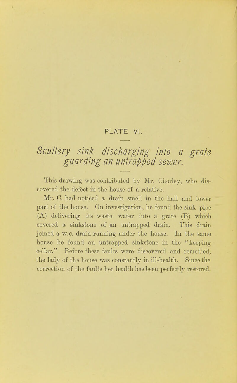 Scullery sink discharging inlo a grate guarding an unfrapped sewer. This drawing was contributed by Mr. Ohorley, who dis- covered the defect in the house of a relative. Mr. C. had noticed a drain smell in the hall and lower part of the house. On investigation, he found the sink pipe (A) delivering its waste water into a grate (B) which covered a sinkstone of an untrapped drain. This drain joined a w.c. drain running under the house. In the same house he found an untrapped sinkstone in the keeping cellar.'' Before these faults were discovered and remedied, the lady of the house was constantly in ill-health. Since the correction of the faults her health has been perfectly restored.