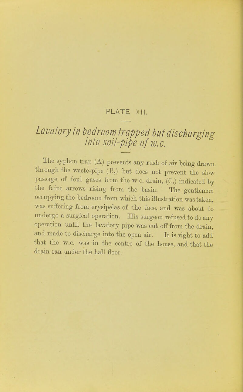 Lavatory in bedroom trapped but discharging into soil-pipe of w.c. The syphon trap (A) prevents any rush of ah- being drawn through the waste-pipe (13,) but does not prevent the slow passage of foul gases from the w.c. drain, (C,) indicated by the faint arrows rising from the basin. The gentleman occupying the . bedroom from which this illustration was taken, was suffering from erysipelas of the face, and was about to undergo a surgical operation. His surgeon refused to do any operation until the lavatory pipe was cut off from the drain, and made to discharge into the open air. It is right to add that the w.c. was in the centre of the house, and that the drain ran under the hall floor.