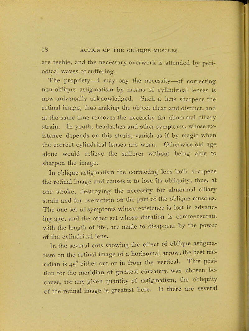 are feeble, and the necessary overwork is attended by peri- odical waves of suffering. The propriety—I may say the necessity—of correcting non-oblique astigmatism by means of cylindrical lenses is now universally acknowledged. Such a lens sharpens the retinal image, thus making the object clear and distinct, and at the same time removes the necessity for abnormal ciliary strain. In youth, headaches and other symptoms, whose ex- istence depends on this strain, vanish as if by magic when the correct cylindrical lenses are worn. Otherwise old age alone would relieve the sufferer without being able to sharpen the image. In oblique astigmatism the correcting lens both sharpens the retinal image and causes it to lose its obhquity, thus, at one stroke, destroying the necessity for abnormal ciliary strain and for overaction on the part of the oblique muscles. The one set of symptoms whose existence is lost in advanc- ing age, and the other set whose duration is commensurate with the length of life, are made to disappear by the power of the cylindrical lens. In the several cuts showing the effect of oblique astigma- tism on the retinal image of a horizontal arrow, the best me- ridian is 45° either out or in from the vertical. This posi- tion for the meridian of greatest curvature was chosen be- cause, for any given quantity of astigmatism, the obliquity of the retinal image is greatest here. If there are several
