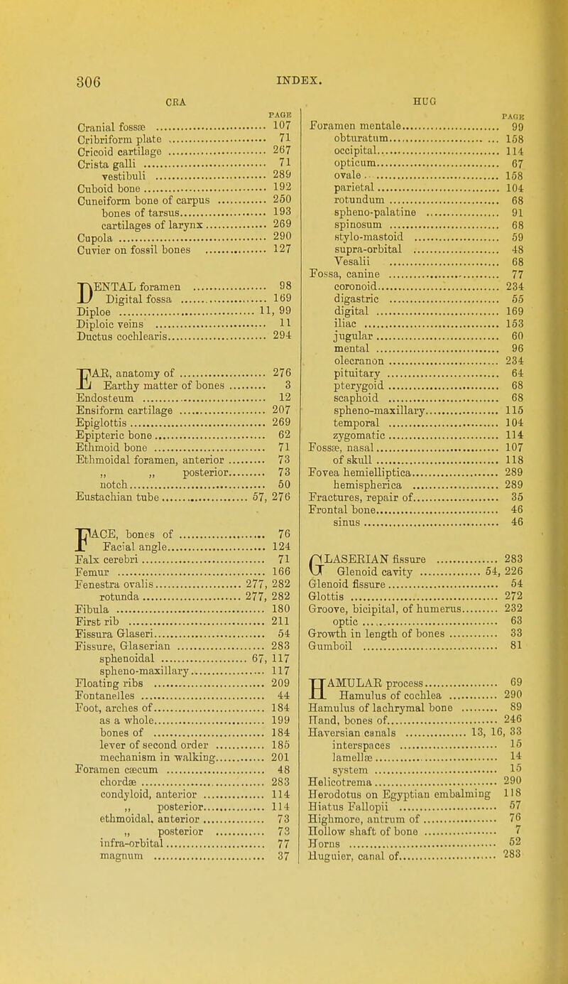 CEA PAOK Cranial fossae 107 Cribriform plato 71 Cricoid cartilage 267 Crista gaUi 71 vestibuli 28 & Cuboid bone 192 Cuneiform bone of carpus 250 bones of tarsus 193 cartilages of larynx 269 Cupola 290 Cuvier on fossil bones 127 DENTAL foramen 98 Digital fossa Iti9 Diploe 11, 99 Diploic veins 11 Ductus coclilearis 29-1 EAE, anatomy of 276 Earthy matter of bones 3 Endosteum 12 Ensiform cartilage 207 Epiglottis 269 Epipteric bone 62 Ethmoid bone 71 Ethmoidal foramen, anterior 73 „ „ posterior 73 notch 50 Eustachian tube 57, 276 FACE, bones of 76 Facial angle 124 Falx cerebri 71 Femur 166 Fenestra ovalis 277, 282 rotunda 277, 282 Fibula 180 First rib 211 Fissura Glaseri 54 Fissure, Glaserian 283 sphenoidal 67, 117 spheno-maxillary 117 Floating ribs 209 Fontanelles 44 Foot, arches of 184 as a whole 199 bones of 184 lever of second order 186 mechanism in ■walking 201 Foramen CKCum 48 chordae 283 condyloid, anterior 114 ,, posterior 114 ethmoidal, anterior 73 „ posterior 73 infra-orbital 77 magnum 37 HUG VAIIK Foramen mentale 99 obturatum 158 occipital 114 opticum 67 ovale . 158 parietal 104 rotundum 68 spheno-palatine 91 spinosum 68 Ktylo-mastoid 59 supra-orbital 48 Vesalii 68 Fossa, canine 77 coronoid 234 digastric 55 digital 169 iliae 153 jugular 60 mental 96 olecranon 234 pituitary 64 pterygoid 68 scaphoid 68 spheno-maxillary 116 temporal 104 zygomatic 114 Fossae, nasal 107 of skull 118 Fovea hemielliptica 289 hemispherica 289 Fractures, repair of 35 Frontal bone 46 sinus 46 nLASEEIAN fissure 283 Vj Glenoid cavity 54, 226 Glenoid fissure 64 Glottis 272 Groove, bicipital, of humerus 232 optic 63 Growth in length of bones 33 Gumboil 81 HAMULAE process 69 Hamulus of cochlea 290 Hamuhis of lachrymal bone 89 ITand, bones of 246 Haversian canals 13, 16, 33 interspaces 16 lamellaa 1* system 15 Helicotrema 290 Herodotus on Egyptian embalming 118 Hiatus Fallopii 57 Highmoro, antrum of 76 Hollow shaft of bone 7 Horns 52 Huguier, canal of 283