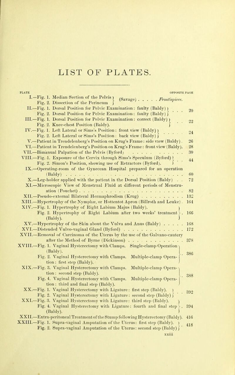 LIST OF PLATES. PLATE OPPOSITE PAGE I.-Fig. 1. Median Section of the Pelvis j (gavage) Frontispiece. Fig. 2. Dissection of the Perineum J II.—Fig. 1. Dorsal Position for Pelvic Examination: faulty (Baldy) j Fig. 2. Dorsal Position for Pelvic Examination : faulty (Baldy) J III. —Fig. 1. Dorsal Position for Pelvic Examination: correct (Baldy) l ^ Fig. 2. Knee-chest Position (Baldy). J IV. —Fig. 1. Left Lateral or Sims's Position : front view (Baldy) } 0^ Fig. 2. Left Lateral or Sims's Position : back view (Baldy) j V.—Patient in Trendelenberg's Position on Krug's Frame: side view (Baldy). 26 VI.—Patient in Trendelenberg's Position on Krug's Frame: front view (Baldy). 28 VII.—Bimanual Palpation of the Pelvis (Byfordj 30 VIII.—Fig. -1. Exposure of the Cervix through Sims's Speculum (Byford)) ^ Fig. 2. Simon's Position, showing use of Retractors (Byford). 1 IX.—Operating-room of the Gynecean Hospital prepared for an operation (Baldy) 60 X.—Leg-holder applied with the patient in the Dorsal Position (Baldy) . . 72 XL—Microscopic View of Menstrual Fluid at different periods of Menstru- ation (Pouchet) 82 XII.—Pseudo-external Bilateral Hermaphrodism (Krug) 132 XIII. —Hypertrophy of the Nympha?, or Hottentot Apron (Billroth and Leuke). 164 XIV. —Fig. 1. Hypertrophy of Right Labium Majus (Baldy). \ Fig. 2. Hvpertrophv of Right Labium after two weeks' treatment >. 166 (Baldy). ) XV.—Hypertrophy of the Skin about the Vulva and Anus (Baldy) 168 XVI.—Distended Vulvo-vaginal Gland (Byford) 172 XVII.—Removal of Carcinoma of the Uterus by the use of the Galvano-cautery after the Method of Byrne (Dickinson) 378 XVIII.—Fig. 1. Vaginal Hysterectomy with Clamps. Single-clamp Operation ^ (Baldy). Fig. 2. Vaginal Hysterectomy with Clamps. Multiple-clamp Opera- tion : first step (Baldy). XIX.—Fig. 3. Vaginal Hysterectomy with Clamps. Multiple-clamp Opera- tion : second step (Baldy). Fig. 4. Vaginal Hysterectomy with Clamps. Multiple-clamp Opera- tion : third and final step (Baldy). XX.—Fig. 1. Vaginal Hysterectomy with Ligature: first step (Baldy). ) Fig. 2. Vaginal Hysterectomy with Ligature: second step (Baldy) j XXI.—Fig. 3. Vaginal Hysterectomy with Ligature: third step (Baldy). ) Fig. 4. Vaginal Hvsterectomy with Ligature: fourth and final step >. 394 (Baldy). ) XXII.—Extra-peritoneal Treatment of the Stump following Hysterectomy (Baldy). 416 XXIII.—Fig. 1. Supra-vaginal Amputation of the Uterus: first step (Baldy). j Fig. 2. Supra-vaginal Amputation of the Uterus: second step (Baldy) j ' xxiii 386 388 392
