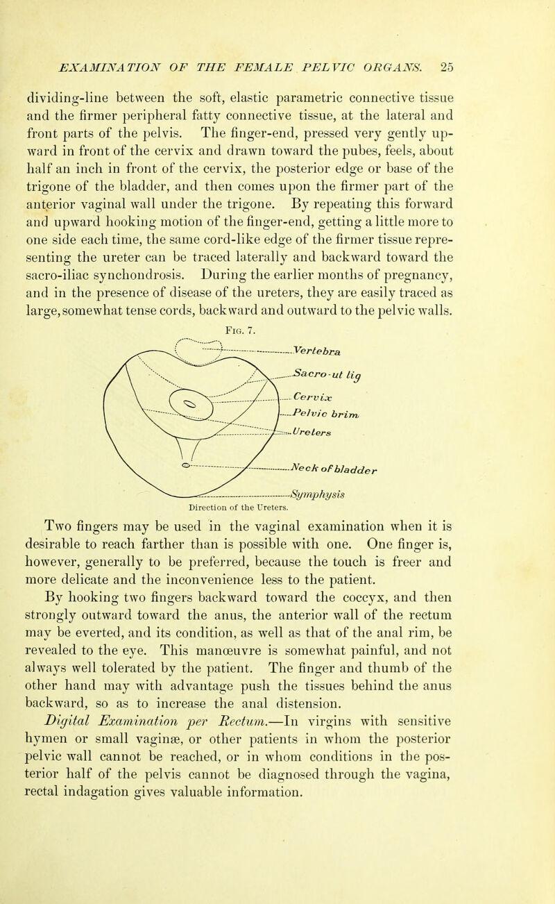 dividing-line between the soft, elastic parametric connective tissue and the firmer peripheral fatty connective tissue, at the lateral and front parts of the pelvis. The finger-end, pressed very gently up- ward in front of the cervix and drawn toward the pubes, feels, about half an inch in front of the cervix, the posterior edge or base of the trigone of the bladder, and then comes upon the firmer part of the anterior vaginal wall under the trigone. By repeating this forward and upward hooking motion of the finger-end, getting a little more to one side each time, the same cord-like edge of the firmer tissue repre- senting the ureter can be traced laterally and backward toward the sacro-iliac synchondrosis. During the earlier months of pregnancy, and in the presence of disease of the ureters, they are easily traced as large,somewhat tense cords, backward and outward to the pelvic walls. Fig. 7. / ^ ~h~~- Vertebra Sacro-ut tig Cervix Pelvic brim Ureters \. °-—f— ^ck of bladder — - Symphysis Direction of the Ureters. Two fingers may be used in the vaginal examination when it is desirable to reach farther than is possible with one. One finger is, however, generally to be preferred, because the touch is freer and more delicate and the inconvenience less to the patient. By hooking two fingers backward toward the coccyx, and then strongly outward toward the anus, the anterior wall of the rectum may be everted, and its condition, as well as that of the anal rim, be revealed to the eye. This manoeuvre is somewhat painful, and not always well tolerated by the patient. The finger and thumb of the other hand may with advantage push the tissues behind the anus backward, so as to increase the anal distension. Digital Examination per Rectum.—In virgins with sensitive hymen or small vagina?, or other patients in whom the posterior pelvic wall cannot be reached, or in whom conditions in the pos- terior half of the pelvis cannot be diagnosed through the vagina, rectal indagation gives valuable information.