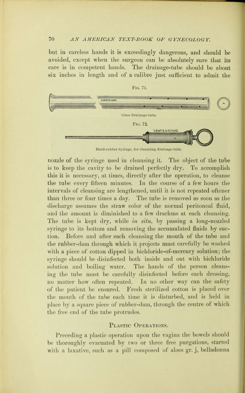 but in careless hands it is exceedingly dangerous, and should be avoided, except when the surgeon can be absolutely sure that its care is in competent hands. The drainage-tube should be about six inches in length and of a calibre just sufficient to admit the Fig. 71. Glass Drainage-tube. Fig. 72. Hard-rubber Syringe, for cleansing drainage-tube. nozzle of the syringe used in cleansing it. The object of the tube is to keep the cavity to be drained perfectly dry. To accomplish this it is necessary, at times, directly after the operation, to cleanse the tube every fifteen minutes. In the course of a few hours the intervals of cleansing are lengthened, until it is not repeated oftener than three or four times a day. The tube is removed as soon as the discharge assumes the straw color of the normal peritoneal fluid, and the amount is diminished to a few drachms at each cleansing. The tube is kept dry, while in situ, by passing a long-nozzled syringe to its bottom and removing the accumulated fluids by suc- tion. Before and after each cleansing the mouth of the tube and the rubber-dam through which it projects must carefully be washed with a piece of cotton dipped in bichloride-of-mercury solution; the syringe should be disinfected both inside and out with bichloride solution and boiling water. The hands of the person cleans- ing the tube must be carefully disinfected before each dressing, no matter how often repeated. In no other way can the safety of the patient be ensured. Fresh sterilized cotton is placed over the mouth of the tube each time it is disturbed, and is held in place by a square piece of rubber-dam, through the centre of which the free end of the tube protrudes. Plastic Operations. Preceding a plastic operation upon the vagina the bowels should be thoroughly evacuated by two or three free purgations, started with a laxative, such as a pill composed of aloes gr. j, belladonna