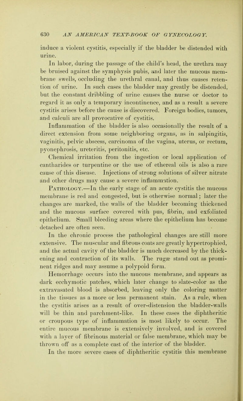 induce a violent cystitis, especially if the bladder be distended with urine. In labor, during the passage of the child's head, the urethra may be bruised against the symphysis pubis, and later the mucous mem- brane swells, occluding the urethral canal, and thus causes reten- tion of urine. In such cases the bladder may greatly be distended, but the constant dribbling of urine causes the nurse or doctor to regard it as only a temporary incontinence, and as a result a severe cystitis arises before the cause is discovered. Foreign bodies, tumors, and calculi are all provocative of cystitis. Inflammation of the bladder is also occasionally the result of a direct extension from some neighboring organs, as in salpingitis, vaginitis, pelvic abscess, carcinoma of the vagina, uterus, or rectum, pyonephrosis, ureteritis, peritonitis, etc. Chemical irritation from the ingestion or local application of cantharides or turpentine or the use of ethereal oils is also a rare cause of this disease. Injections of strong solutions of silver nitrate and other drugs may cause a severe inflammation. Pathology.—In the early stage of an acute cystitis the mucous membrane is red and congested, but is otherwise normal; later the changes are marked, the walls of the bladder becoming thickened and the mucous surface covered with pus, fibrin, and exfoliated epithelium. Small bleeding areas where the epithelium has become detached are often seen. In the chronic process the pathological changes are still more extensive. The muscular and fibrous coats are greatly hypertrophied, and the actual cavity of the bladder is much decreased by the thick- ening and contraction of its walls. The rugae stand out as promi- nent ridges and may assume a polypoid form. Hemorrhage occurs into the mucous membrane, and appears as dark ecchymotic patches, which later change to slate-color as the extravasated blood is absorbed, leaving only the coloring matter in the tissues as a more or less permanent stain. As a rule, when the cystitis arises as a result of over-distension the bladder-walls will be thin and parchment-like. In these cases the diphtheritic or croupous type of inflammation is most likely to occur. The entire mucous membrane is extensively involved, and is covered with a layer of fibrinous material or false membrane, which may be thrown off as a complete cast of the interior of the bladder. In the more severe cases of diphtheritic cystitis this membrane