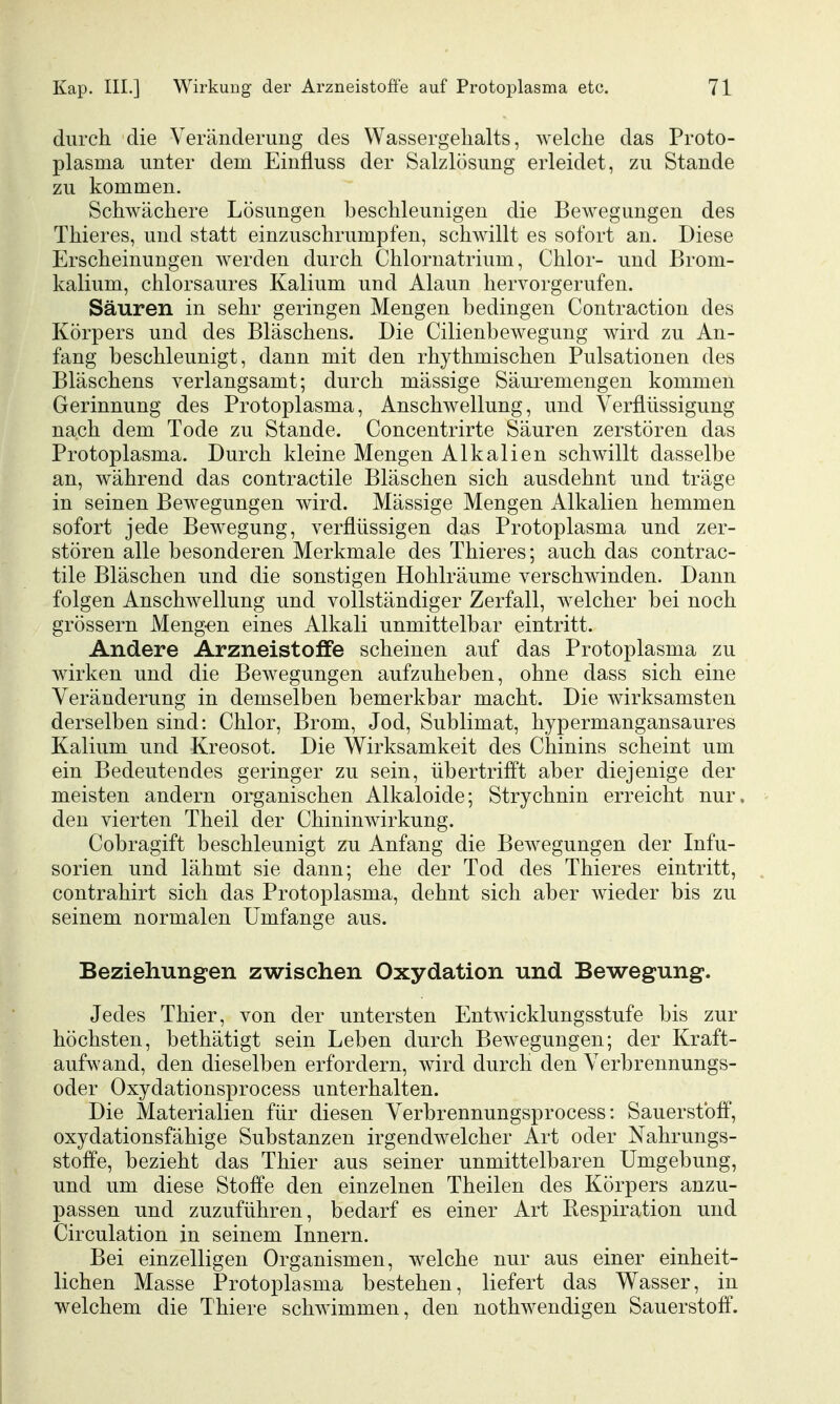 durch die Veränderung des Wassergehalts, welche das Proto- plasma unter dem Einfluss der Salzlösung erleidet, zu Stande zu kommen. Schwächere Lösungen beschleunigen die Bewegungen des Thieres, und statt einzuschrumpfen, schwillt es sofort an. Diese Erscheinungen werden durch Chlornatrium, Chlor- und Brom- kalium, chlorsaures Kalium und Alaun hervorgerufen. Säuren in sehr geringen Mengen bedingen Contraction des Körpers und des Bläschens. Die Cilienbewegung wird zu An- fang beschleunigt, dann mit den rhythmischen Pulsationen des Bläschens verlangsamt; durch mässige Säuremengen kommen Gerinnung des Protoplasma, Anschwellung, und Verflüssigung nach dem Tode zu Stande. Concentrirte Säuren zerstören das Protoplasma. Durch kleine Mengen Alkalien schwillt dasselbe an, während das contractile Bläschen sich ausdehnt und träge in seinen Bewegungen wird. Mässige Mengen Alkalien hemmen sofort jede Bewegung, verflüssigen das Protoplasma und zer- stören alle besonderen Merkmale des Thieres; auch das contrac- tile Bläschen und die sonstigen Hohlräume verschwinden. Dann folgen Anschwellung und vollständiger Zerfall, welcher bei noch grössern Meng-en eines Alkali unmittelbar eintritt. Andere Arzneistoffe scheinen auf das Protoplasma zu wirken und die Bewegungen aufzuheben, ohne dass sich eine Veränderung in demselben bemerkbar macht. Die wirksamsten derselben sind: Chlor, Brom, Jod, Sublimat, hypermangansaures Kalium und Kreosot. Die Wirksamkeit des Chinins scheint um ein Bedeutendes geringer zu sein, übertrifft aber diejenige der meisten andern organischen Alkaloide; Strychnin erreicht nur. den vierten Theil der Chininwirkung. Cobragift beschleunigt zu Anfang die Bewegungen der Infu- sorien und lähmt sie dann; ehe der Tod des Thieres eintritt, contrahirt sich das Protoplasma, dehnt sich aber wieder bis zu seinem normalen Umfange aus. Beziehungen zwischen Oxydation und Bewegung. Jedes Thier, von der untersten Entwicklungsstufe bis zur höchsten, bethätigt sein Leben durch Bewegungen; der Kraft- aufwand, den dieselben erfordern, wird durch den Verbrennungs- oder Oxydationsprocess unterhalten. Die Materialien für diesen Verbrennungsprocess: Sauerstoff, oxydationsfähige Substanzen irgendwelcher Art oder Nahrungs- stoffe, bezieht das Thier aus seiner unmittelbaren Umgebung, und um diese Stoffe den einzelnen Theilen des Körpers anzu- passen und zuzuführen, bedarf es einer Art Respiration und Circulation in seinem Innern. Bei einzelligen Organismen, welche nur aus einer einheit- lichen Masse Protoplasma bestehen, liefert das Wasser, in welchem die Thiere schwimmen, den nothwendigen Sauerstoff.