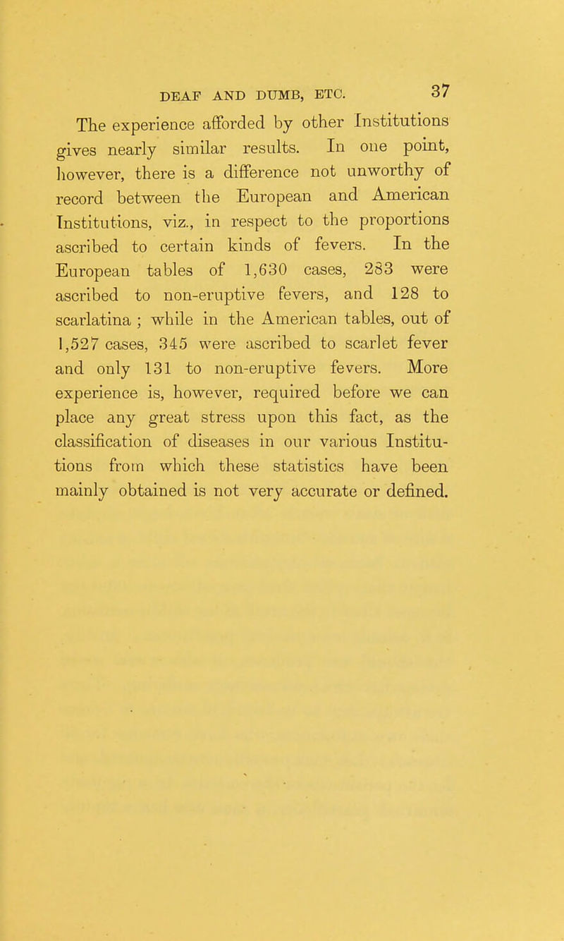 The experience afforded by other Institutions gives nearly similar results. In one point, liowever, there is a difference not unworthy of record between the European and American Institutions, viz., in respect to the proportions ascribed to certain kinds of fevers. In the European tables of 1,630 cases, 283 were ascribed to non-eruptive fevers, and 128 to scarlatina ; while in the American tables, out of 1,527 cases, 345 were ascribed to scarlet fever and only 131 to non-eruptive fevers. More experience is, however, required before we can place any great stress upon this fact, as the classification of diseases in our various Institu- tions frotn which these statistics have been mainly obtained is not very accurate or defined.