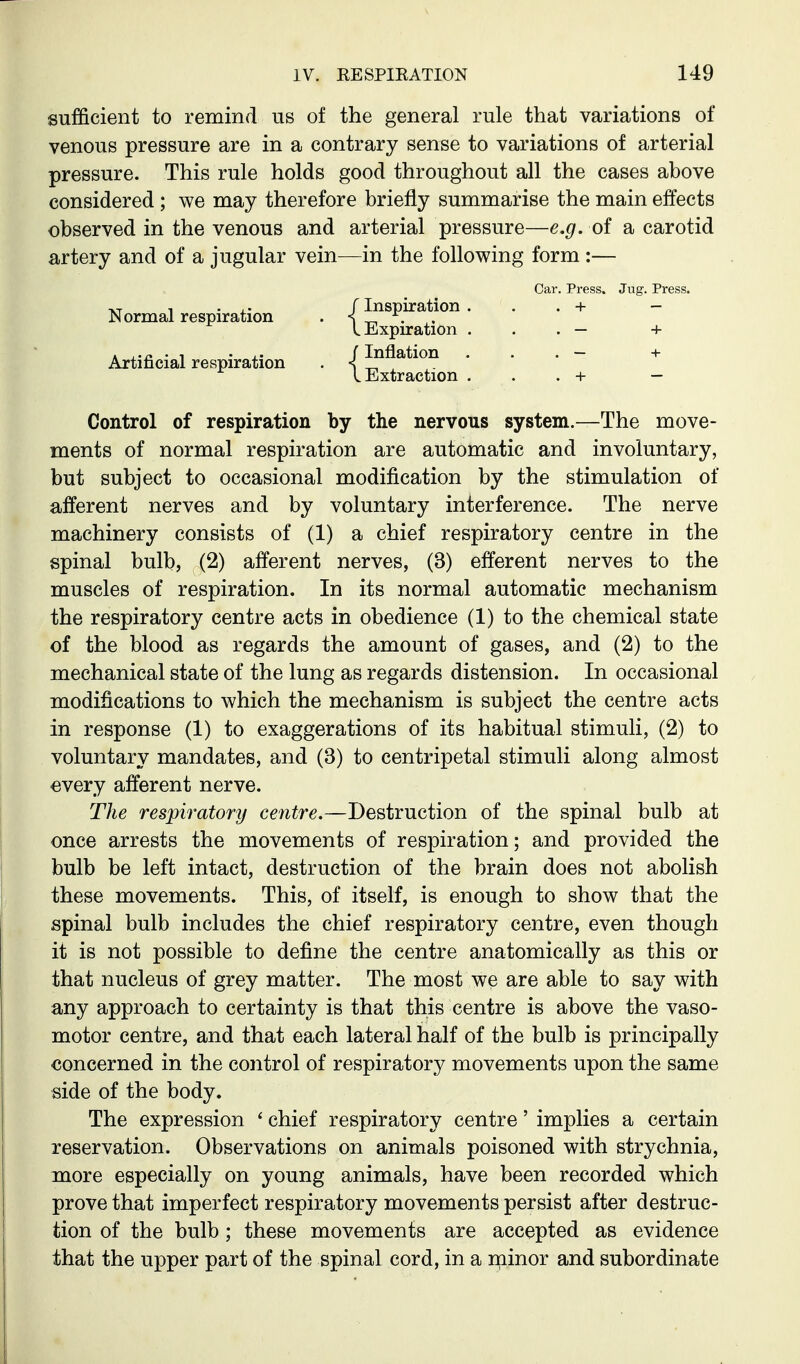 sufficient to remind us of the general rule that variations of venous pressure are in a contrary sense to variations of arterial pressure. This rule holds good throughout all the cases above considered ; we may therefore briefly summarise the main effects observed in the venous and arterial pressure—e.g. of a carotid artery and of a jugular vein—in the following form :— Car. Press. Jug. Press. T,-r 1 . ,. f Inspiration . . . + - Normal respiration . i ^ . ,. L Expiration ... — + Artificial respiration . i ^^^^^^^ ... + L Extraction . . . + — Control of respiration by the nervous system.—The move- ments of normal respiration are automatic and involuntary, but subject to occasional modification by the stimulation of afferent nerves and by voluntary interference. The nerve machinery consists of (1) a chief respiratory centre in the spinal bulb, (2) afferent nerves, (3) efferent nerves to the muscles of respiration. In its normal automatic mechanism the respiratory centre acts in obedience (1) to the chemical state of the blood as regards the amount of gases, and (2) to the mechanical state of the lung as regards distension. In occasional modifications to which the mechanism is subject the centre acts in response (1) to exaggerations of its habitual stimuli, (2) to voluntary mandates, and (3) to centripetal stimuli along almost every afferent nerve. The respiratory centre.—Destruction of the spinal bulb at once arrests the movements of respiration; and provided the bulb be left intact, destruction of the brain does not abolish these movements. This, of itself, is enough to show that the spinal bulb includes the chief respiratory centre, even though it is not possible to define the centre anatomically as this or that nucleus of grey matter. The most we are able to say with any approach to certainty is that this centre is above the vaso- motor centre, and that each lateral half of the bulb is principally concerned in the control of respiratory movements upon the same side of the body. The expression ' chief respiratory centre' implies a certain reservation. Observations on animals poisoned with strychnia, more especially on young animals, have been recorded which prove that imperfect respiratory movements persist after destruc- tion of the bulb ; these movements are accepted as evidence that the upper part of the spinal cord, in a niinor and subordinate