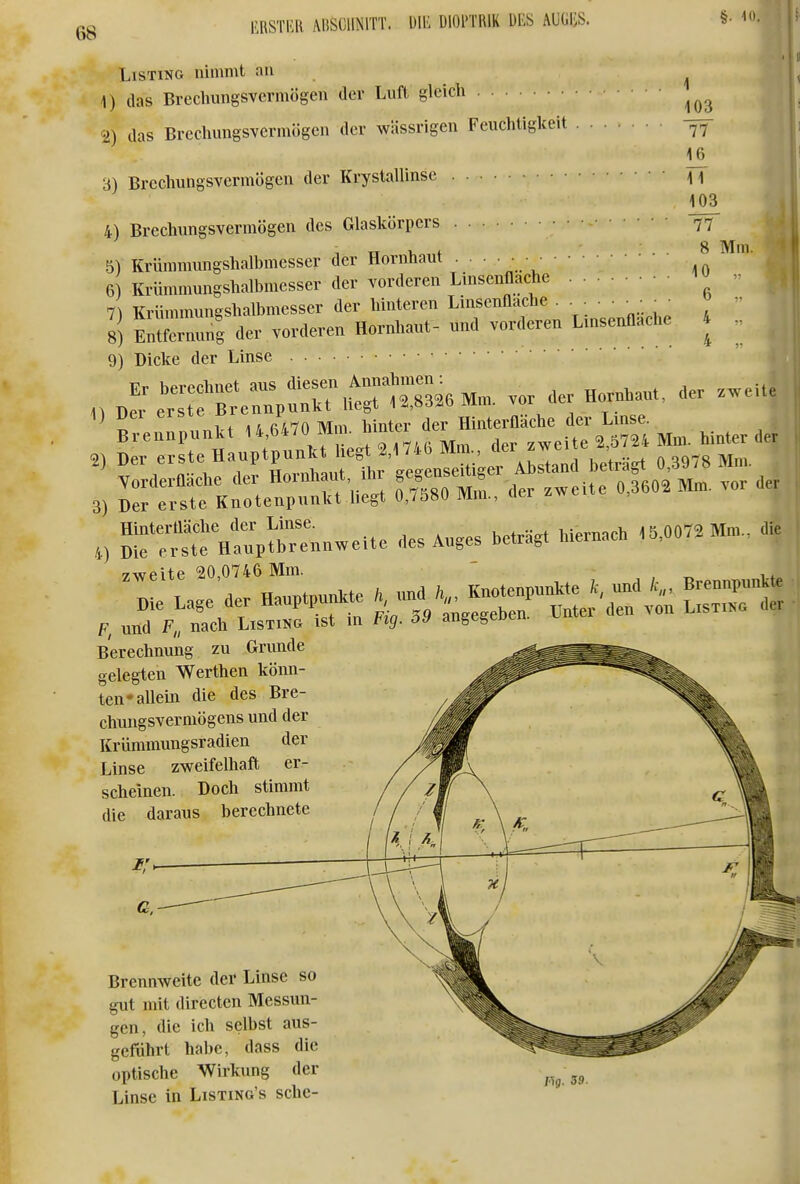 mm AiiSCiiNiTT. m dioi'trik des auüüs. §. 10. Listing nimmt au ^ 1) das Bredumgsvermögen der Luft gleich ^ 2) das Brecliungsvcrmögcu der wässrigen Feuchtigkeit 103 77 ü 103 77 8 Mm. 3) Brcchungsvermögcu der Krystallinsc 4) Brechungsvermögen des Glaskörpers 5) Krümmungshalbmesser der Hornhaut • • „ 6 Krümmungshalbmesser der vorderen Linsenflache - 7) Krümmungshalbmesser der hinteren Linsenflache ..... ■ _ - S) li^fernung der vorderen Hornhaut- und vorderen Linsenflache 4 .. 9) Dicke der Linse 2^ Der erste Hauptpunkt hegt 2,174b Mm., f'^r zweiie , « r:*:t «e^nnwelte „es Auges be«^ „ie™.eb ,5,007«I.., zweite 20,0746 Mm. L.e .e. H,„p.pu*e ^;t/^„ —r'aTn^'^;; F, uiid F,; nach Listing ist in Fig. 3J angegeoen. Berechnung zu Grunde gelegten Werthen könn- ten* allem die des Bre- chungsvermögens und der Krümmungsradien der Linse zweifelhaft er- scheinen. Doch stimmt die daraus berechnete Brennweite der Linse so gut mit directen Messun- gen, die ich selbst aus- geführt habe, dass die optische Wirkung der Linse in Listing's schc- /Yg. 39.