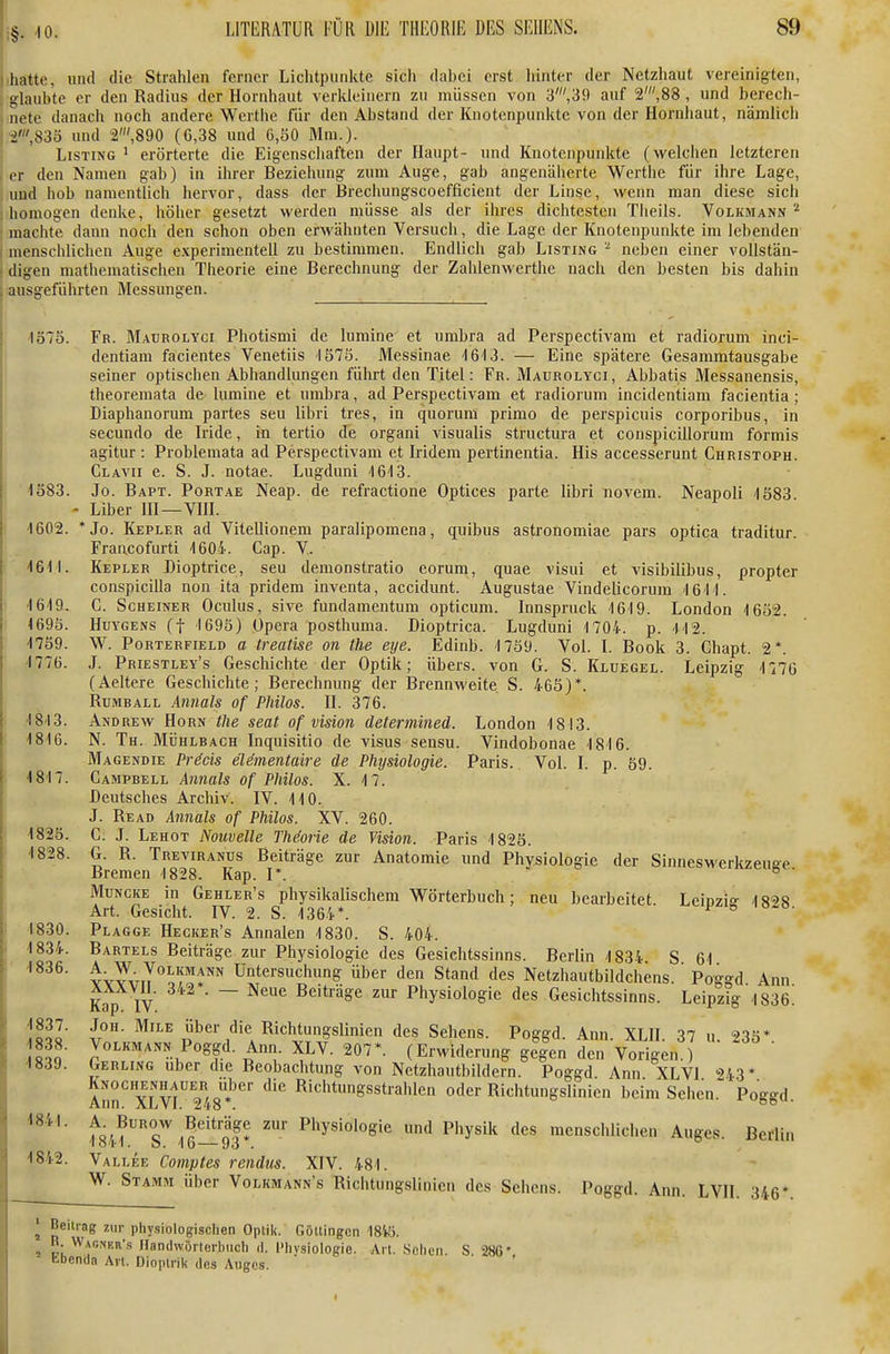 i§. -lO. hatte, und die Strahlen ferner Liclitpurdite sich dabei erst liinter der Netzhaut vereinigten, glaubte er den Radius der Hornhaut verkleinern zu müssen von 3',39 auf 2',88 , und berech- nete danach noch andere Werthe für den Abstand der Knotenpunkte von der Hornhaut, nämlich ,2',83ö und 2',890 (6,38 und ü,50 Mm.). Listing i erörterte die Eigenschaften der Haupt- und Knotenpunkte (welchen letzteren er den Namen gab) in ihrer Beziehung zum Auge, gab angenäherte Werthe für ihre Lage, und hob namentlich hervor, dass der ßrechungscoefficient der Linse, wenn man diese sich homogen denke, höher gesetzt werden müsse als der ihres dichtesten Theils. Volkmann ^ machte dann noch den schon oben erwähnten Versuch, die Lage der Knotenpunkte im lebenden menschlichen Auge e.\perimentell zu bestimmen. Endlich gab Listing - neben einer vollstän- digen mathematischen Theorie eine Berechnung der Zahlenwerthe nach den besten bis dahin ausgeführten Messungen. 1373. Fr. Maurolyci Photismi de lumine et umbra ad Perspectivam et radiorum inci- dentiam facientes Venetiis 'IS7ö. Messinae IBiJ. — Eine spätere Gesammtausgabe seiner optischen Abhandlungen führt den Titel: Fr. Maurolyci, Abbatis Messanensis, theoremata de lumine et umbra, ad Perspectivam et radiorum incidentiam facientia; Diaphanorum partes seu libri tres, in quorum primo de perspicuis corporibus, in secundo de Iride, in tertio de organi visualis structura et conspicillorum formis agitur : Problemata ad Perspectivam et Iridem pertinentia. His accesserunt Christoph. Glavii e. S. J. notae. Lugduni 'I6'13. 1583. Jo. Bapt. Portae Neap. de refractione Optices parte libri novem. Neapoli -1583 - Liber HI—VHL 1602. *Jo. Kepler ad Vitellionem paralipomena, quibus astronomiae pars optica traditur. Fraiicofurti -leOi. Cap. V. 1611. Kepler Dioptrice, seu demonstratio eoruni, quae visui et visibilibus, propter conspicilla non ita pridem inventa, accidunt. Augustae Vindelicorum löli. 1619. C. Scheiner Oculus, sive fundamentum opticum. Innspruck 1619. London 1652. 469Ö. HuYGENS (t 1695) Opera posthuma. Dioptrica. Lugduni 1704. p. 112. 1759. W. Porterfield a treatise on the eye. Edinb. 17S9. Vol. l. Book 3. Chapt. 2*. 1776. J. Priestley's Geschichte der Optik; übers, von G. S. Kluegel. Leipzig 1770 (Aeltere Geschichte; Berechnung der Brennweite S. 465)*. Rumball Annais of Philos. U. 376. 1813. Andrew Horn the seat of vision determined. London 1813. 1816. N. Th. Mühlbach Inquisitio de visus sensu. Vindobonae 1816. Magendie Präds elämentaire de Physiologie. Paris. Vol. L p. 69. 1817. Campbell Annais of Philos. X. 17. Deutsches Archiv. IV. 110. J. Read Annais of Philos. XV. 260. 1825. C. J. Lehot Nouvelle Thdorie de Vision. Paris 1825. 1828. G. R. Treviranus Beiträge zur Anatomie und Physiologie der Sinneswerkzeuee Bremen 1828. Kap. I*. j o iv/,cugr. Mdncke in Gehler's physikalischem Wörterbuch; neu bearbeitet. Leipzig 18^8 Art. Gesicht. IV. 2. S. 136'i-*. 1830. Plagge Hecker's Annalen 1830. S. 404. 1834. Bartels Beiträge zur Physiologie des Gesichtssinns. Berlin 1834 S 61 1836. A W yoLKMANN Untersuchung über den Stand des Netzhautbildchens. ' Poggd Ann Kap IV ■ ~ Beiträge zur Physiologie des Gesichtssinns. Leipzig'1836^ 1837. JoH. MiLE über die Richtungslinien des Sehens. Poggd. Ann. XLH. 37 u. 235* 838. Volkmann Poggd. Ann. XLV. 207*. (Erwiderung gegen den Vorigen.) 183J. Gerling über die Beobachtung von Netzhautbildern. Poggd. Ann XLVI '•>43* aIT XLVl 248*'* Richtungsstrahlen oder Richtungslinien beim Sehen. Poggd. fsi^^T 16-93* ^ P'^y«'^^ '••^^ menschlichen Auges. Berlin 1842. Vallee Comptes rendus. XIV. 481. W. Stamm über Volkmann's Richtungslinien des Sehens. Poggd. Ann. LVII. 346*. ^ Beilrag zur physiologischen Optik. Güttingen Wiü. 4 ^-^'^«KK» Ilandwörierbucli d. Physiologie. Art. .Sohun. S. 28G' tftenda Art. Dioptrik des Auges. I
