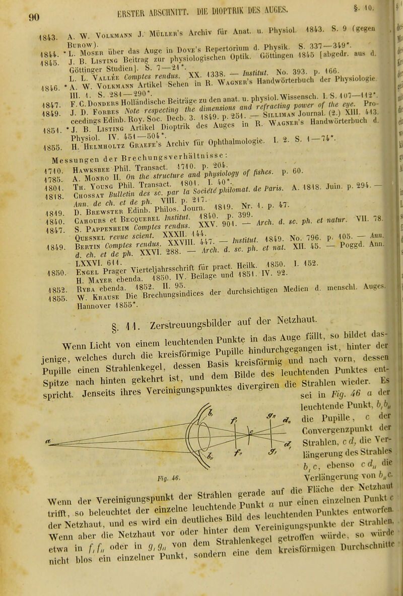 §. 10. 1843. 4 844. -1845. 1846. •1847. 1849. 1851. 1855. Me 1710. 1785. 1801. 1818. 1819. 1840. 1847. 1849. 1850. 1852. 1855. A W VOLKMAR« J. MÜLLKR-s Archiv für Anat. u. Physiol. 1843. S. 9 (gegea Göttinger Studical. S. 21*- . , 393. p. 166. Archiv fd, 0phlhal„,0,08ie. .. S. ssunBcn der BrcchungsverhäUnlsse: LosL°rLS JSTUr» äe P.r>s. A. .S,8. JuU,. p. .9». - Ann. de ch. et de ph rOl. p. 217. D. Brewster Edinb. Pl^««-. ^^'^^ 399 ^ Cahours et Becquerel /nsWM«. ^M. P- ^JJ- „„^„^ y„. 73. S Pappenheim Compto midMS. XXV. 901. Art,«. QUESNEL revue scient XXXIl. 4 44. p ^03. ^„„. LXXVI. 611. . .. . ji 1850. I. 152. ^1i.t»Dif Brechü'nssfndlces der durchsichtigen Medien d. menscid. A»ge,, Hannover 1855*. § \\ Zerstreuungsbilder auf der Netzhaut. wenn von ei;e. — '^t Spitze nach hinten gekehrt ist, und ^ern^;^ ^ie Strahlen ^vieder. Es spricht. Jenseits ihres Vereimgungspunktes dvvergiren _^ ^ leuchtende Punkt, ^' die Pupille, c der Convergenzpunkt der Strahlen, c d, die Vei^ längerung des Strahles b^c, ebenso c rf„ die Verlängerung von b„c. j r flin Fläche der Netzhaut Wenn der Vereinigungspunkt der Strahlen ge^^^^ aufjl.e^^^ einzelnen Punkt c trifft, so beleuchtet der einzelne ,;,ehtenden Punktes entworfen, der Netzhaut, und es wird ein ye^-nigungspunkte der Str..hlcn. Wenn aber die Netzhaut vor oder ^^^^^ejc^^^^^^^ ,^,,,^,4 würde, so würde etwa in U «der in vo.. ^^.T^Z kreisförmigen Durchschnitte nicht blos ein einzelner Punkt, sonüern cnic Kr Fig. i6.