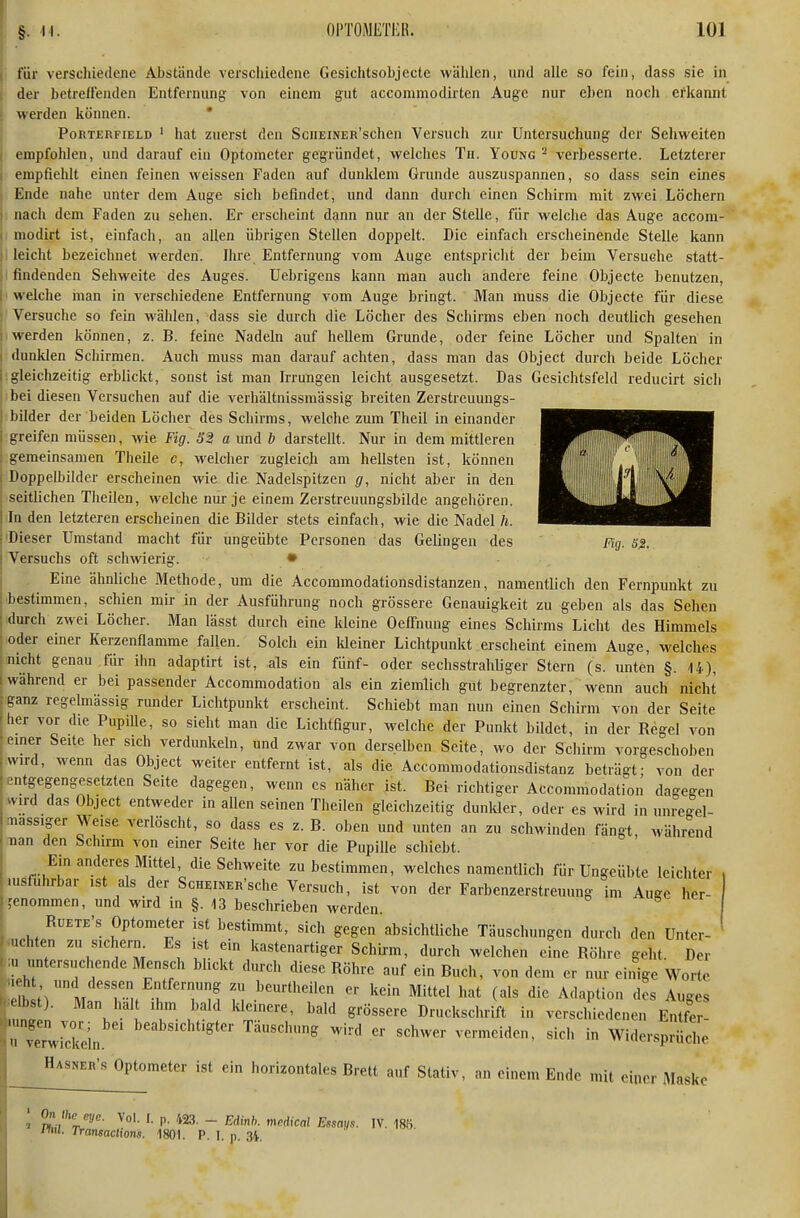 für verschiedene Abstände verschiedene Gesichtsobjecte wälilen, und alle so fein, dass sie in der betreffenden Entfernung von einem gut accommodirten Auge nur eben noch erkannt ' werden können. * PoRTERFiELD ' hat zucrst den ScnEiNER'schen Versuch zur Untersuchung der Sehweiten ( empfohlen, und darauf ein Optometer gegründet, welches Th. Young verbesserte. Letzterer I empfiehlt einen feinen weissen Faden auf dunklem Grunde auszuspannen, so dass sein eines i Ende nahe unter dem Auge sich befindet, und dann durch einen Schirm mit zwei Löchern 1 nach dem Faden zu sehen. Er erscheint dann nur an der Stelle, für welche das Auge accom- 1 modirt ist, einfach, an allen übrigen Stellen doppelt. Die einfach erscheinende Stelle kann Ii leicht bezeichnet werden. Ihre Entfernung vom Auge entspricht der beim Versuche statt- ji findenden Sehweite des Auges, üebrigens kann man auch andere feine Objecte benutzen, I'welche man in verschiedene Entfernung vom Auge bringt. Man muss die Objecte für diese j'Versuche so fein wählen, dass sie durch die Löcher des Schirms eben noch deutlich gesehen I werden können, z. B. feine Nadeln auf hellem Grunde, oder feine Löcher und Spalten in I dunklen Schirmen. Auch muss man darauf achten, dass man das Object durch beide Löcher i. gleichzeitig erblickt, sonst ist man Irrungen leicht ausgesetzt. Das Gesichtsfeld reducirt sich bei diesen Versuchen auf die verhältnissmässig breiten Zerstreuungs- ! bilder der beiden Löcher des Schirms, welche zum Theil in einander i greifen müssen, wie Fig. 52 a und b darstellt. Nur in dem mittleren : gemeinsamen Theile c, welcher zugleich am hellsten ist, können ; Doppelbilder erscheinen wie die Nadelspitzen g, nicht aber in den . seitlichen Theilen, welche nur je einem Zerstreuungsbilde angehören. I In den letzteren erscheinen die Bilder stets einfach, wie die Nadel h. i Dieser Umstand macht für ungeübte Personen das Gelingen des Fig. sß. ' Versuchs oft schwierig. • Eine ähnliche Methode, um die Accommodationsdistanzen, namentlich den Fernpunkt zu bestimmen, schien mir in der Ausführung noch grössere Genauigkeit zu geben als das Sehen ; durch zwei Löcher. Man lässt durch eine kleine Oeffhung eines Schirms Licht des Himmels oder einer Kerzenflamme fallen. Solch ein kleiner Lichtpunkt erscheint einem Auge, welches nicht genau für ihn adaptirt ist, als ein fünf- oder sechsstrahliger Stern (s. unten §. U), I während er bei passender Accommodation als ein ziemlich gut begrenzter, wenn auch nicht ; ganz regelmässig runder Lichtpunkt erscheint. Schiebt man nun einen Schirm von der Seite her vor die PupiUe, so sieht man die Lichtfigur, welche der Punkt bildet, in der Regel von emer Seite her sich verdunkeln, und zwar von derselben Seite, wo der Schirm vorgeschoben wird, wenn das Object weiter entfernt ist, als die Accommodationsdistanz beträgt: von der entgegengesetzten Seite dagegen, wenn es näher ist. Bei richtiger Accommodation dagegen wird das Object entweder in allen seinen Theilen gleichzeitig dunlder, oder es wird in unregel- massiger Weise verlöscht, so dass es z. B. oben und unten an zu schwinden fängt, während nan den Schirm von einer Seite her vor die Pupille schiebt. Ein anderes Mi^ttel, die Sehweite zu bestimmen, welches namentlich für Ungeübte leichter msfuhrbar ist als der ScHEiNER'sche Versuch, ist von der Farbenzerstreuung im Auge her- genommen, und wird in §. 13 beschrieben werden RüETE's Optometer ist bestimmt, sich gegen absichtliche Täuschungen durch den Unter- ..chten sichern^ Es ist ein kastenartiger Schirm, durch welchen eine Röhre geht. Der untersuchende Mensch blickt durch diese Röhre auf ein Buch, von dem er nur einige Worte a ht und dessen Entfernung zu beurtheilen er kein Mittel hat (als die Adaption des Auges elbst). Man halt ihm bald Ideinere, bald grössere DruckscIu-ift in versclSedeneu Enifer 'rwleln ^^^-''»^ - -1-r vermeiden, sich in Wid^rspSe Hasner's Optometer ist ein horizontales Brett auf Stativ, an einem Ende mit einer Maske ! niiV^''- - Edinb. mcdical Essaus. IV. 18Ö Pnü. Transaclions. 1801. P. I. p. 3i.