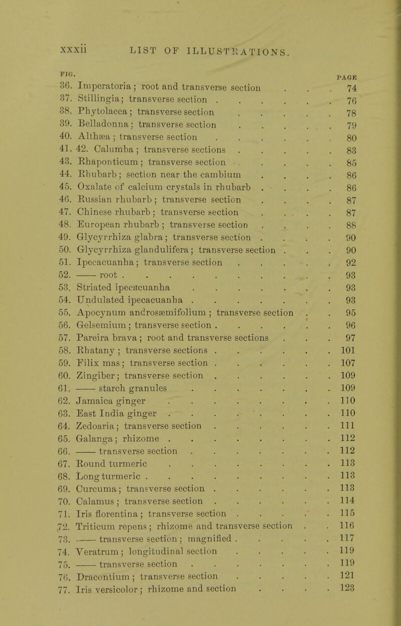 ^^'^^ PAGE 36. Imperatoria; root and transverse section ... 74 37. Stillingia; transverse section 7f3 38. Phytolacca; transverse section 78 39. Belladonna; transverse section . . . ... 79 40. Althaja; transverse section 80 41.42. Calnmba; transverse sections 83 43. Rhaponticum; transverse section 85 44. Rhubarb; section near the cambium .... 86 45. Oxalate of calcium crystals in rhubarb .... 86 46. Russian rhubarb ; transverse section .... 87 47. Chinese rhubarb; transverse section 87 48. European rhubarb ; transverse section .... 88 49. Glycjn-rhiza glabra ; transverse section .... 90 50. Glycyrrhiza glandulifera ; transverse section ... 90 51. Ipecacuanha; transverse section ..... 92 52. root 93 53. Striated ipecacuanha ....... 93 54. Undulated ipecacuanha 93 55. Apocynum androssemifolium; transverse section . . 95 56. Gelsemium ; transverse section ...... 96 57. Pareira brava ; root and transverse sections ... 97 58. Rhatany ; transverse sections 101 59. Filix mas ; transverse section 107 60. Zingiber; transverse section 109 61. starch granules 109 62. Jamaica ginger 110 63. East India ginger . . . . . . . .110 64. Zedoaria; transverse section ...... Ill 65. Galanga; rhizome ........ 112 66. transverse section 112 67. Round turmeric . . . . . . . .113 68. Long turmeric 113 69. Curcuma; transverse section 113 70. Calamus; transverse section 114 71. Iris florentina ; transverse section 115 72. Triticum repens; rhizome and transverse section . . 116 73. transverse section ; magnified 117 74. Veratrum; longitudinal section 119 75. transverse section 119 76. Dracontium ; transverse section 121 77. Iris versicolor; rhizome and section .... 123