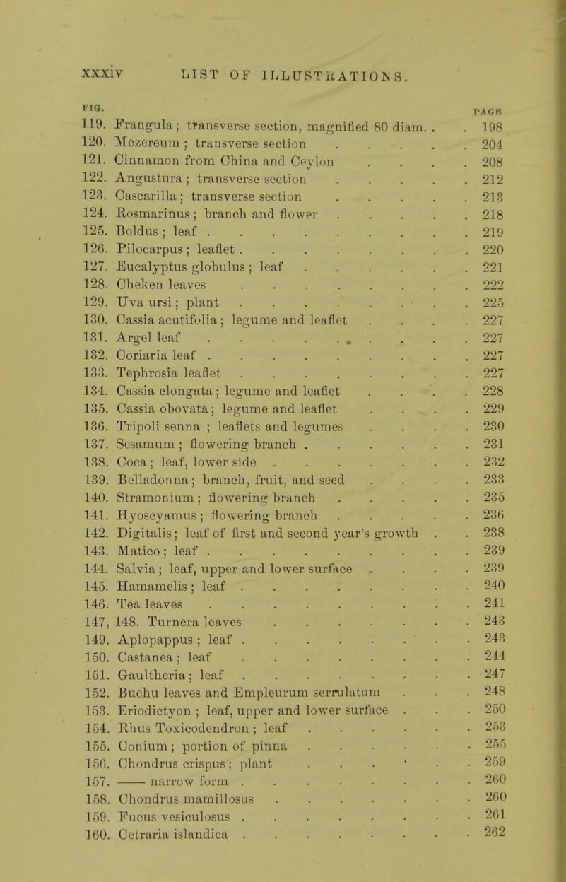 PAGE 119. Prangula ; transverse section, magnified 80 diam. . . 198 120. Mezereum ; transverse section 204 121. Cinnamon from China and Ceylon .... 208 122. Angustura ; transverse section 212 123. Cascarilla; transverse section 213 124. Rosmarinus ; branch and flower 218 125. Boldus ; leaf 219 126. Pilocarpus ; leaflet 220 127. Eucalyptus globulus ; leaf 221 128. Cheken leaves 222 129. Uva ursi; plant .225 130. Cassia acutifolia; legume and leaflet .... 227 131. Argel leaf , . . . .227 132. Coriaria leaf 227 133. Tephrosia leaflet 227 134. Cassia elongata ; legume and leaflet .... 228 135. Cassia obovata; legume and leaflet .... 229 136. Tripoli senna ; leaflets and legumes .... 230 137. Sesamum ; flowering branch 231 138. Coca; leaf, lower side 232 139. Belladonna; branch, fruit, and seed .... 233 140. Stramonium; flowering branch ..... 235 141. Hyoscyamus ; flowering branch ..... 236 142. Digitalis; leaf of first and second year's growth . . 238 143. Matico; leaf 239 144. Salvia ; leaf, upper and lower surface .... 239 145. Hamamelis; leaf ........ 240 146. Tea leaves 241 147. 148. Turnera leaves 243 149. Aplopappus ; leaf . 243 150. Castanea; leaf 244 151. Gaultheria; leaf 247 152. Buchu leaves and Empleurum sermlatiim . . . 248 153. Eriodictyon ; leaf, upper and lower surface . . . 250 154. Rhus Toxicodendron; leaf 253 155. Conium; portion of pinna ...... 255 156. Chondrus crispus; plant ...... 259 157. narrow form ........ 260 158. Chondrus mamillosiis 260 159. Eucus vesiculosus 261 160. Cetraria islandica 262