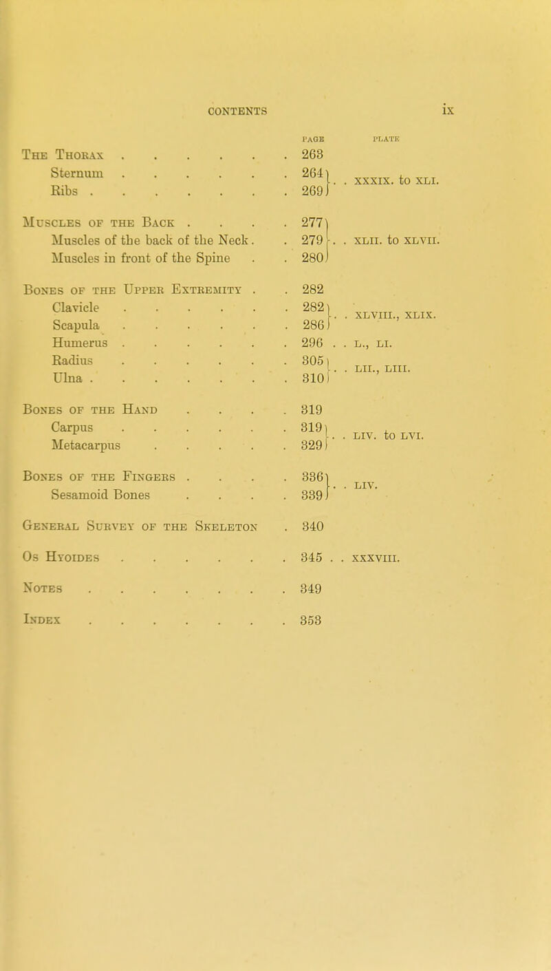 The Thorax .... Sternum .... Ribs Muscles of the Back . Muscles of tbe back of the Neck Muscles in front of the Spine Bones of the Upper Extremity Clavicle Scapula Humerus Radius Ulna . Bones of the Hand Carpus Metacarpus Bones of the Fingers Sesamoid Bones General Survey of the Skeleton Os Hyoides Page . 268 . 264] . 269)■ 277 . 282 . 282) . 286 J■ . 296 . . 305) . 310)■ . 319 . 319) . 329) . 3361 . 339) . 340 . 345 . XXXIX. to XLI. 279 r . . XLII. to XLVII. 280) XLVIII., XLIX. L., LI. LII., LIII. LIV. to LYI. LIV. XXXVIII. Notes 349