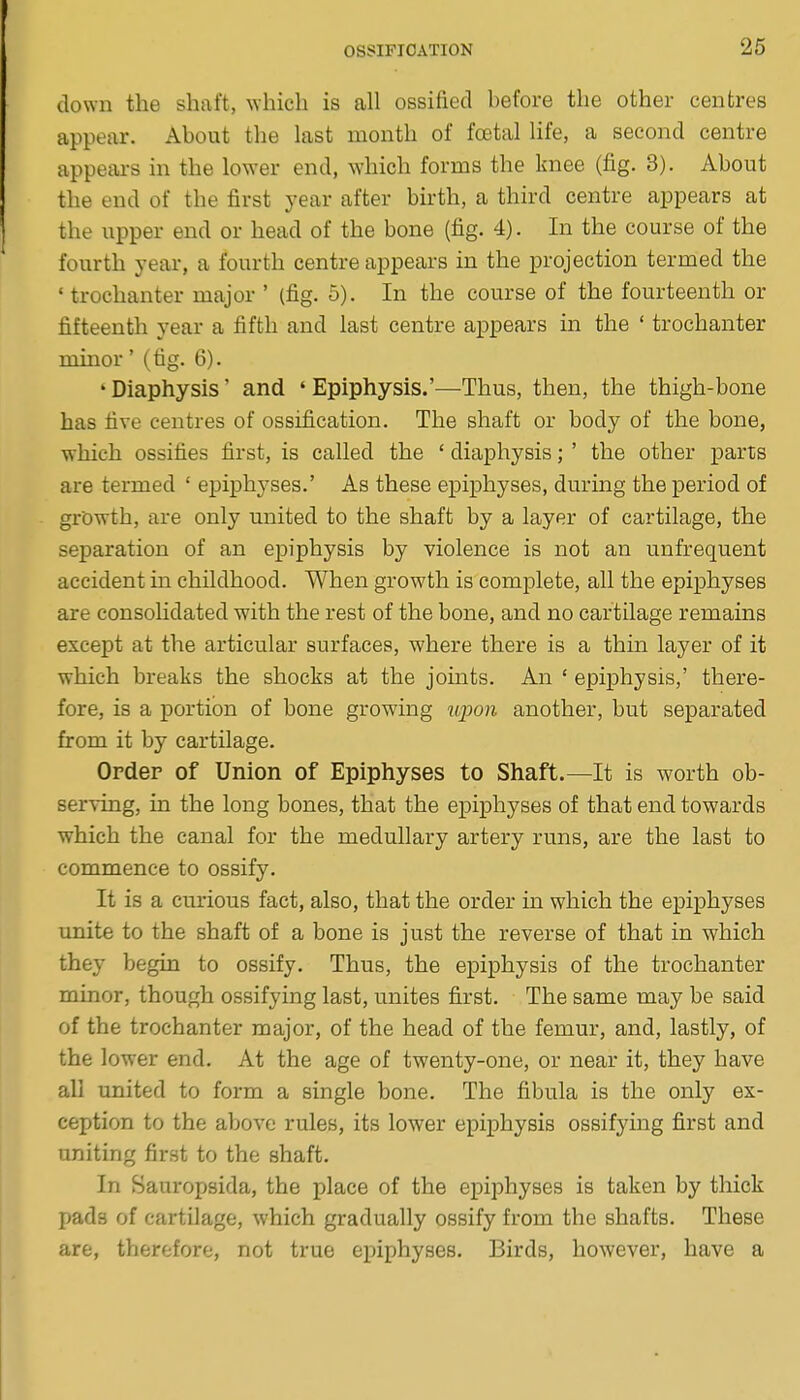 26 down the shaft, Avhich is all ossified before the other centres appear. About the last month of foetal life, a second centre appears in the lower end, ^Yhich forms the knee (fig. 3). About the end of the first year after birth, a third centre appears at the upper end or head of the bone (fig. 4). In the course of the fourth year, a fourth centre appears in the projection termed the ' trochanter major ' (fig. 5). In the course of the fourteenth or fifteenth year a fifth and last centre appears in the ' trochanter minor' (fig. 6). ' Diaphysis' and ' Epiphysis.'—Thus, then, the thigh-bone has five centres of ossification. The shaft or body of the bone, which ossifies first, is called the ' diaphysis; ' the other parts are termed ' epiphyses.' As these epiphyses, during the period of growth, are only united to the shaft by a layer of cartilage, the separation of an epiphysis by violence is not an unfrequent accident in childhood. When growth is complete, all the epiphyses are consolidated with the rest of the bone, and no cartilage remains except at the articular surfaces, where there is a thin layer of it which breaks the shocks at the joints. An ' epiphysis,' there- fore, is a portion of bone growing iqwn another, but separated from it by cartilage. Order of Union of Epiphyses to Shaft.—It is worth ob- serving, in the long bones, that the epiphyses of that end towards which the canal for the medullary artery runs, are the last to commence to ossify. It is a curious fact, also, that the order in which the epiphyses unite to the shaft of a bone is just the reverse of that in which they begin to ossify. Thus, the epiphysis of the trochanter minor, though ossifying last, unites first. The same may be said of the trochanter major, of the head of the femur, and, lastly, of the lower end. At the age of twenty-one, or near it, they have all united to form a single bone. The fibula is the only ex- ception to the above rules, its lower epiphysis ossifying first and uniting first to the shaft. In Sauropsida, the place of the epiphyses is taken by thick pads of cartilage, which gradually ossify from the shafts. These are, therefore, not true epiphyses. Birds, however, have a